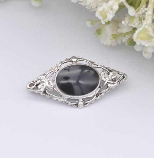 Vintage Sterling Silver Onyx Leaf Brooch - Openwork Leaf Design | Diamond Shape