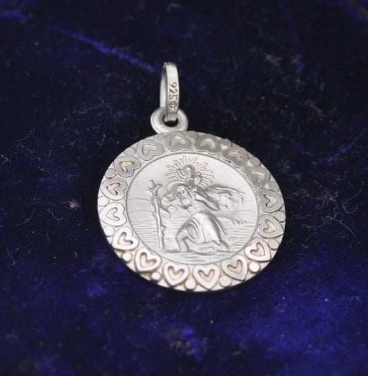 Vintage Sterling Silver St. Christopher Charm Pendant with Love Heart Border