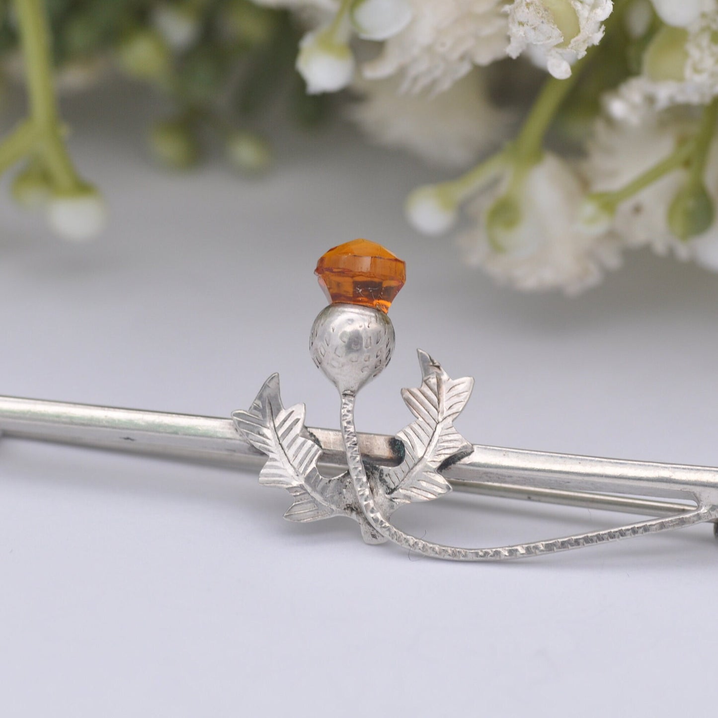 Antique Scottish Sterling Silver Thistle Bar Brooch - Orange Paste | Hand Engraved