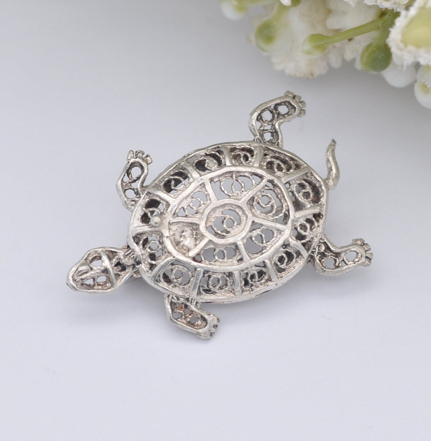 Vintage Sterling Silver Filigree Turtle Brooch - Openwork Novelty Animal Brooch