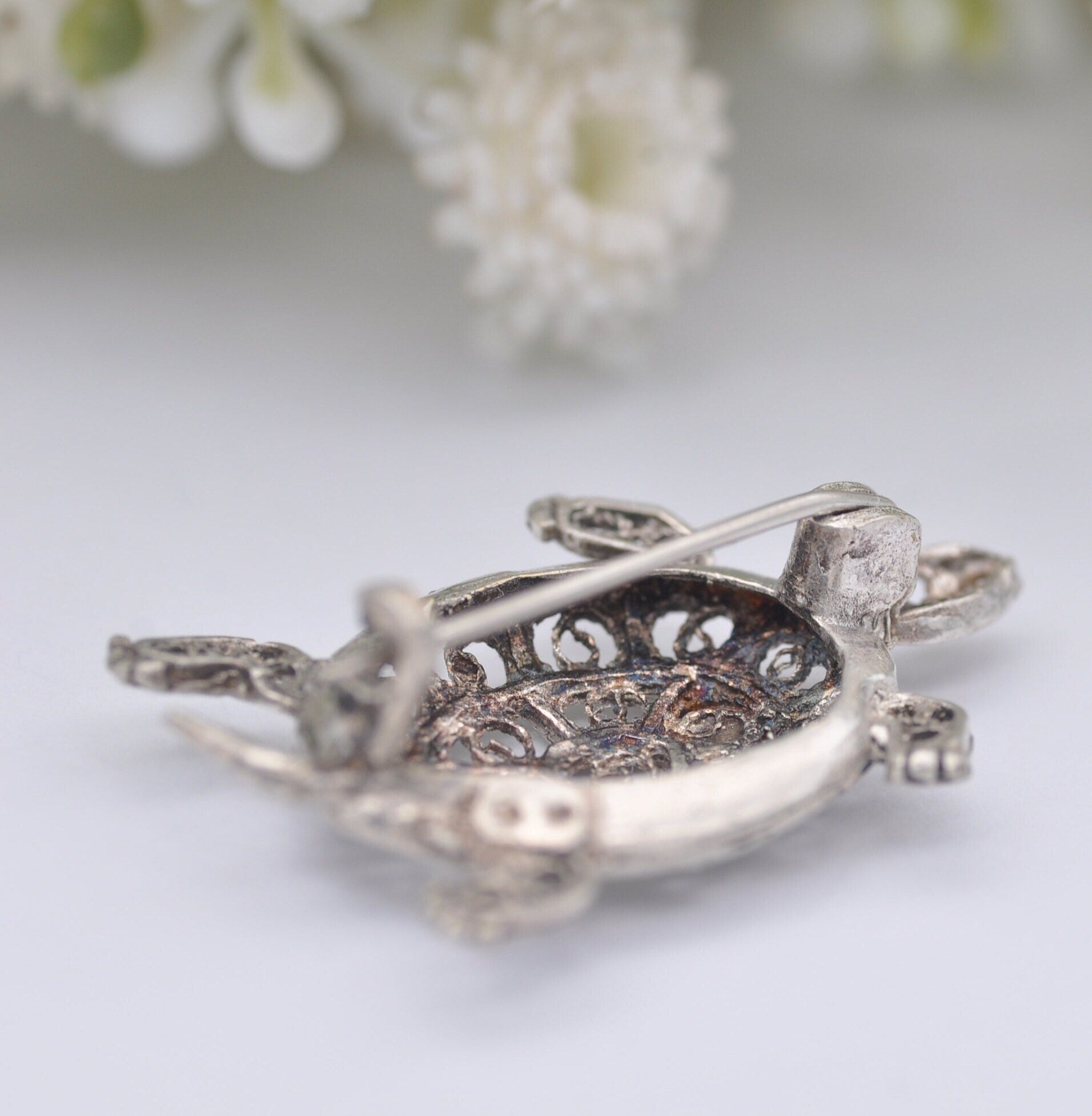 Vintage Sterling Silver Filigree Turtle Brooch - Openwork Novelty Animal Brooch