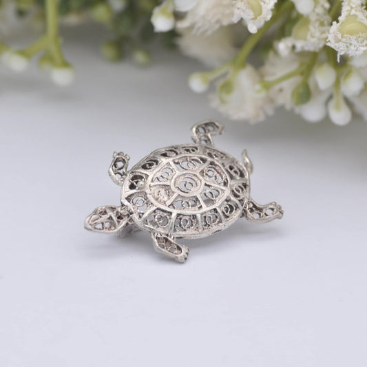 Vintage Sterling Silver Filigree Turtle Brooch - Openwork Novelty Animal Brooch