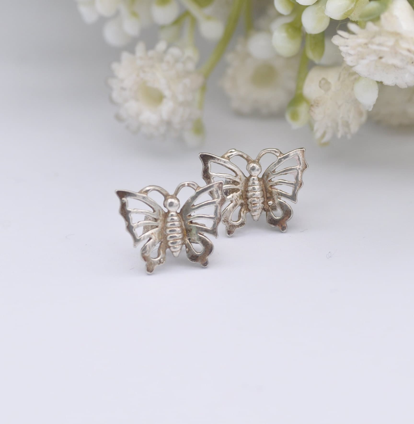 Vintage Sterling Silver Butterfly Stud Earrings - Openwork Silver | Flying Insect