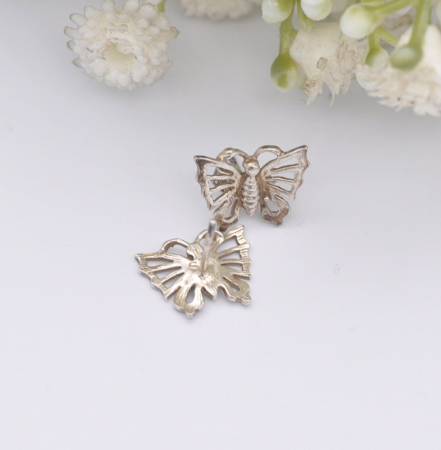 Vintage Sterling Silver Butterfly Stud Earrings - Openwork Silver | Flying Insect