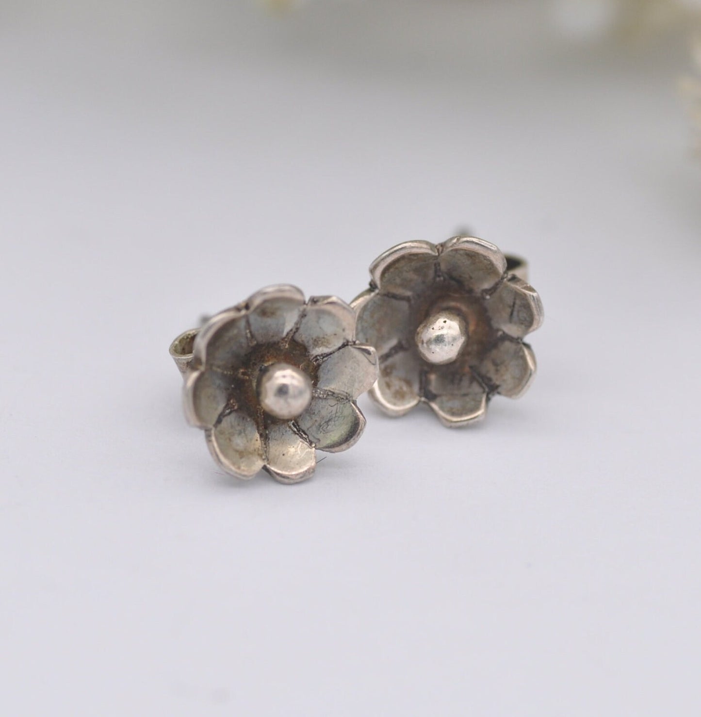 Sterling Silver Flower Stud Earrings - Minimalist Modernist Floral Style