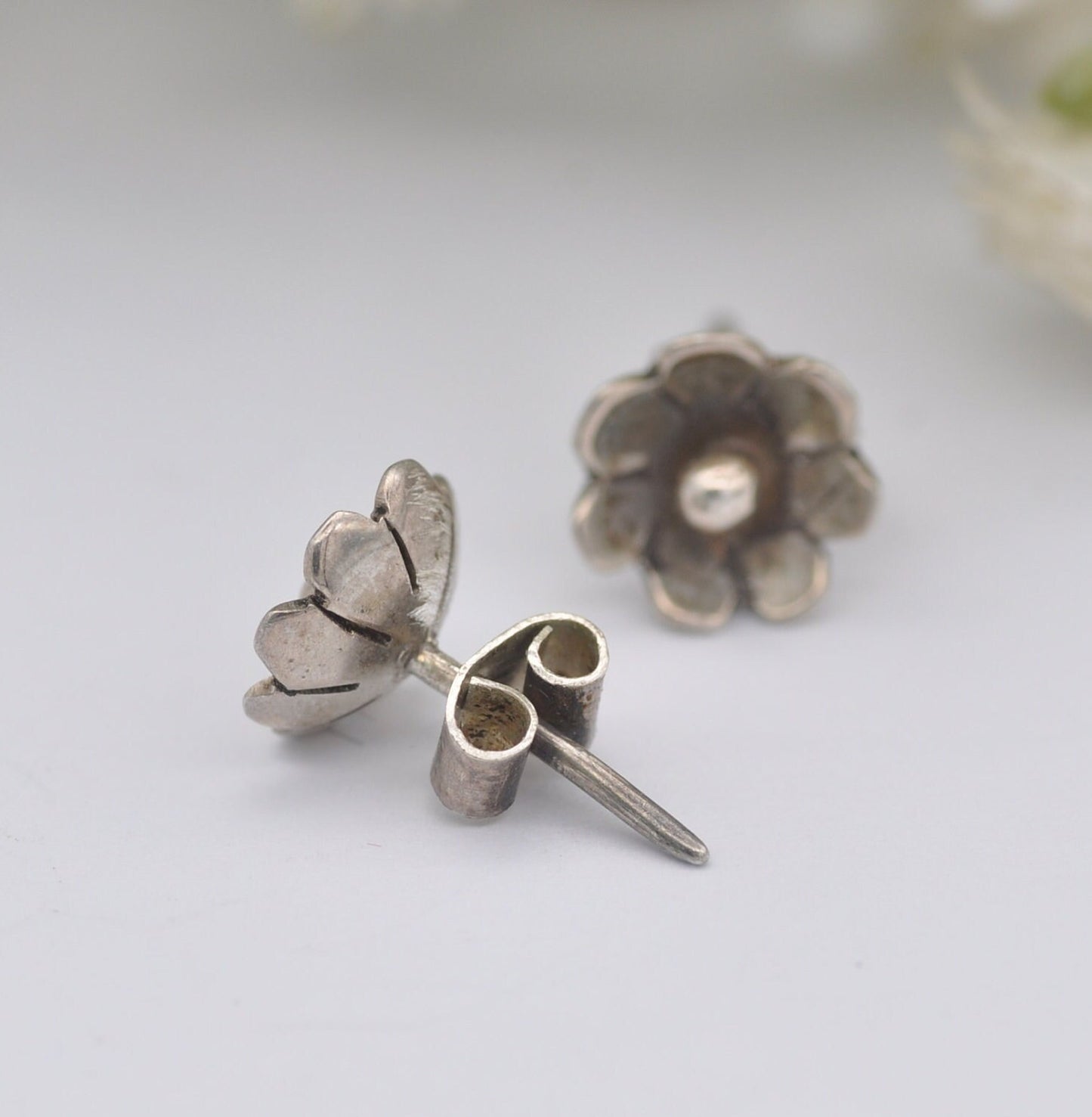 Sterling Silver Flower Stud Earrings - Minimalist Modernist Floral Style