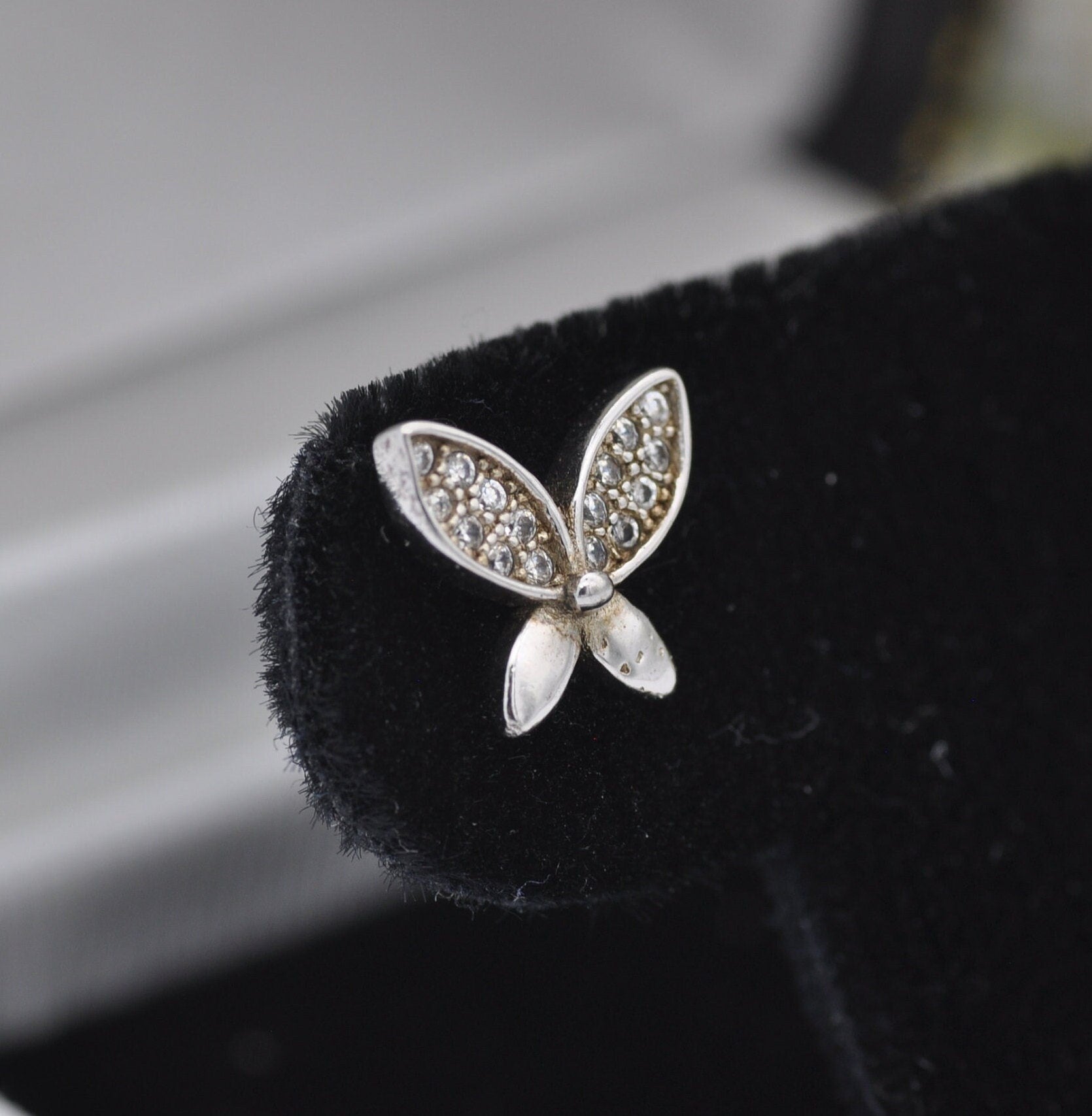 Sterling Silver Diamond Butterfly Stud Earrings - Insect Theme Jewellery | Diamond Cluster Wings