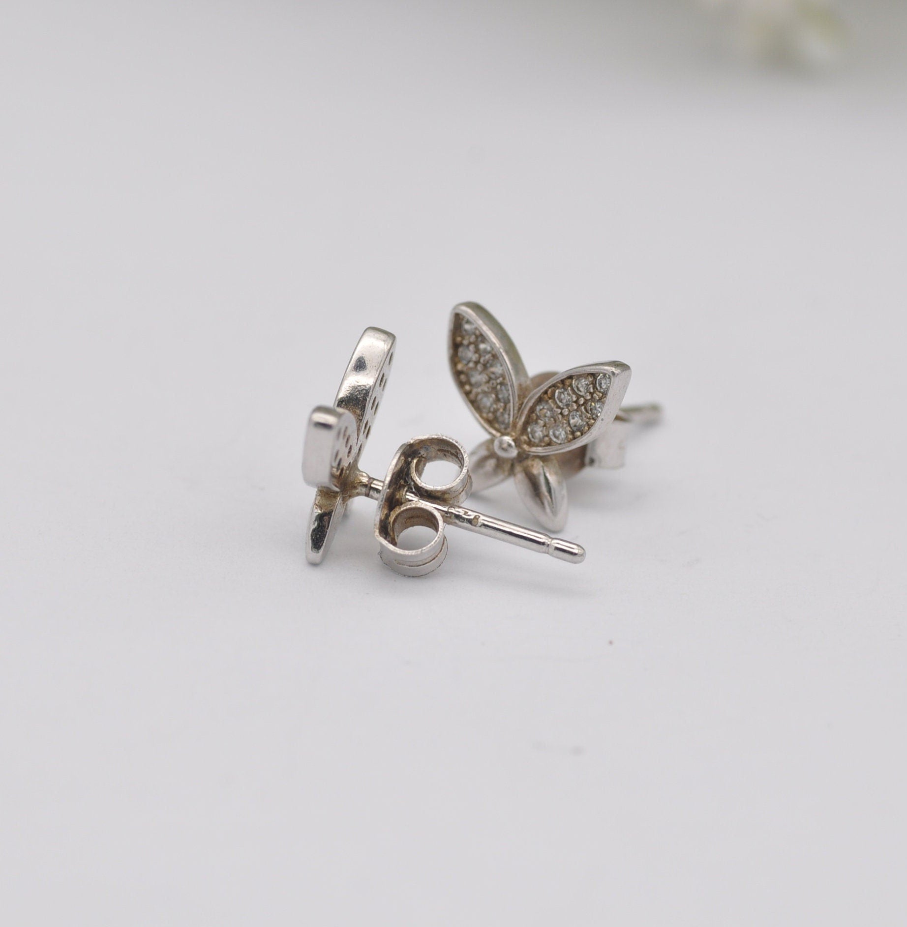 Sterling Silver Diamond Butterfly Stud Earrings - Insect Theme Jewellery | Diamond Cluster Wings