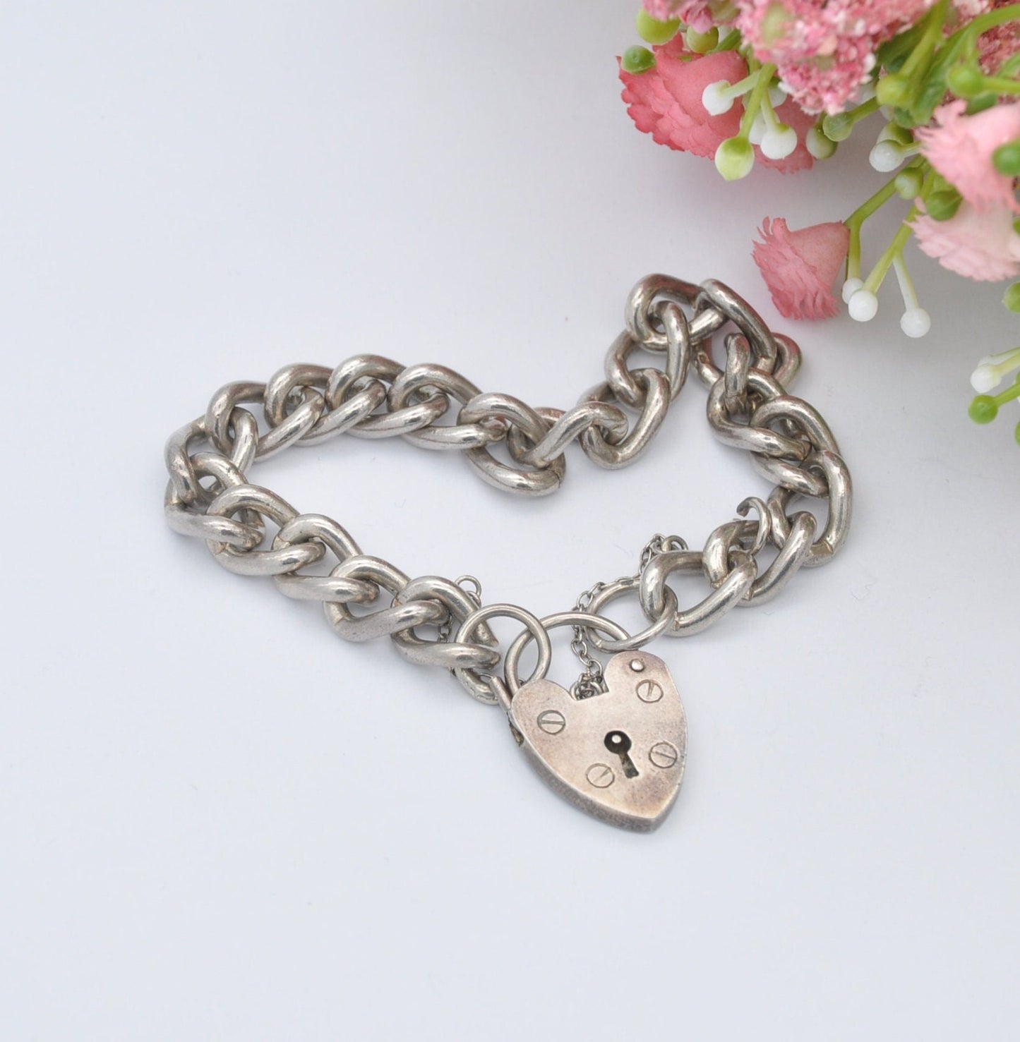 Vintage Sterling Silver Heart Padlock Clasp Chain Bracelet 1976 - Chunky Curb Link with Safety Chain