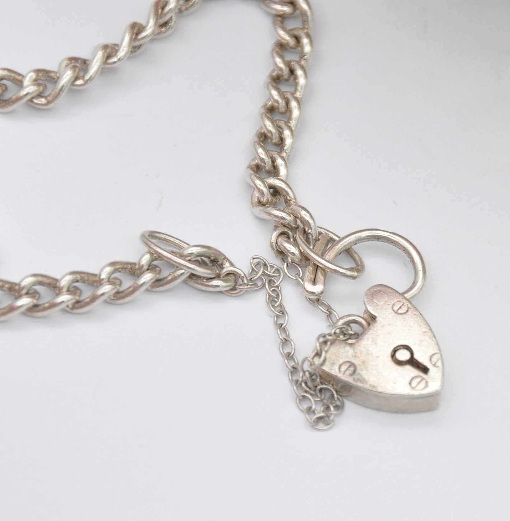 Vintage Sterling Silver Heart Padlock Clasp Chain Bracelet 1957 - Small Curb Links with Safety Chain