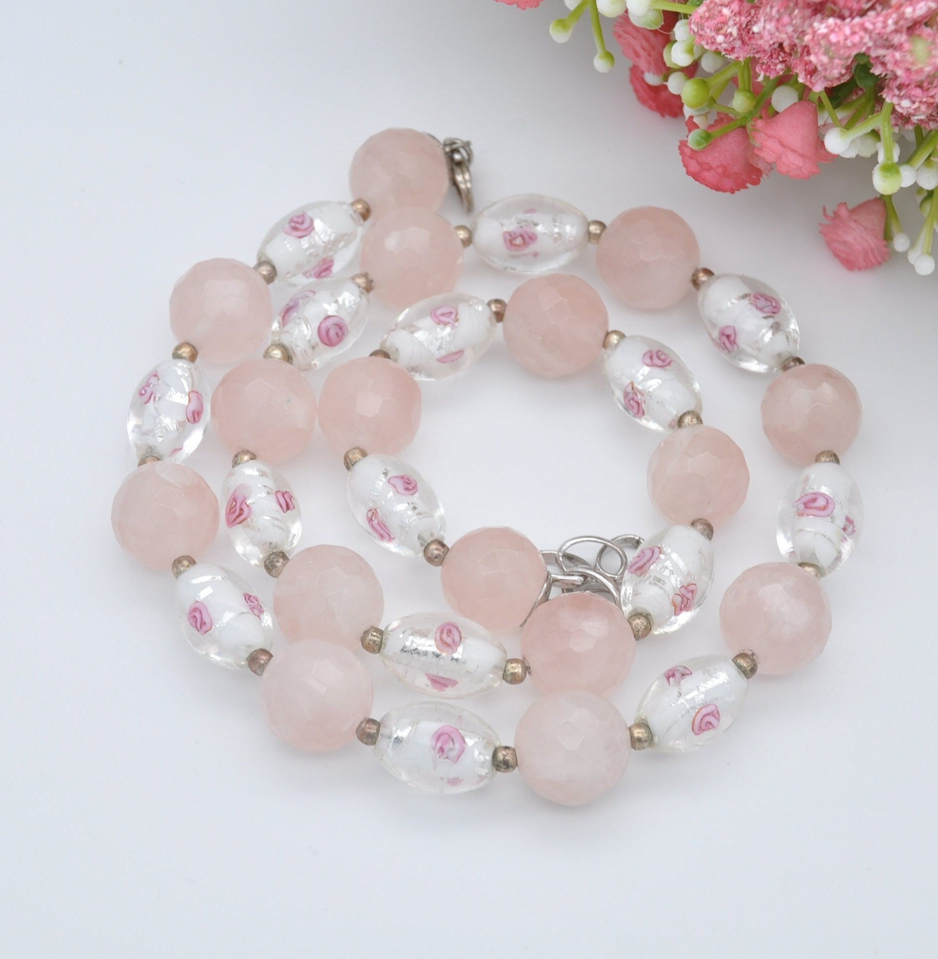 Rose Quartz and Glass Bead Necklace with Sterling Silver Clasp - Faceted Gemstone Beads | Pink Swirled Roses