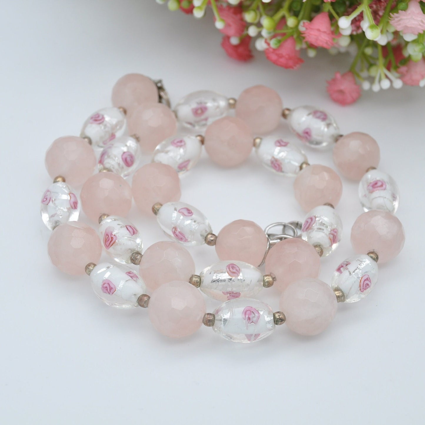 Rose Quartz and Glass Bead Necklace with Sterling Silver Clasp - Faceted Gemstone Beads | Pink Swirled Roses