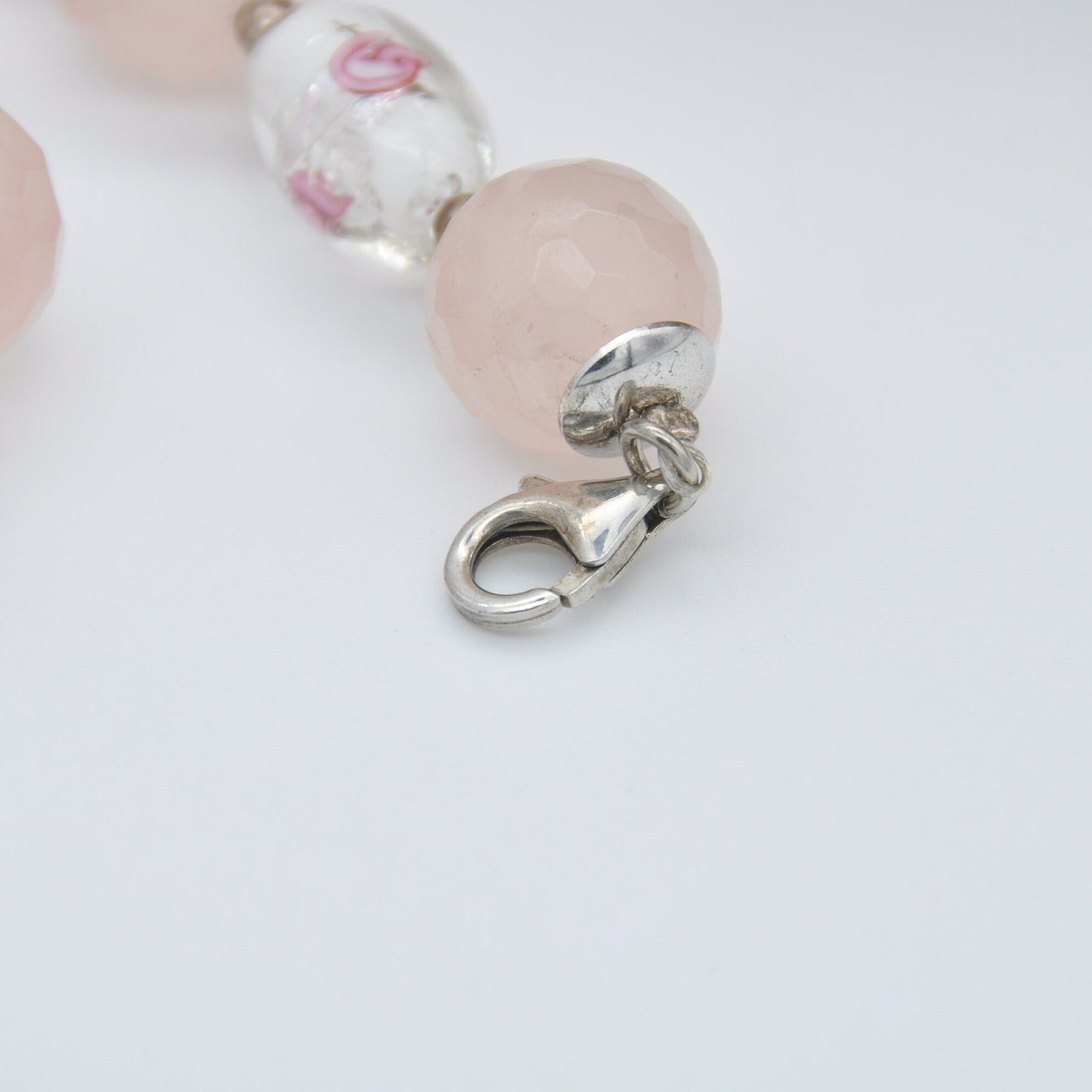 Rose Quartz and Glass Bead Necklace with Sterling Silver Clasp - Faceted Gemstone Beads | Pink Swirled Roses