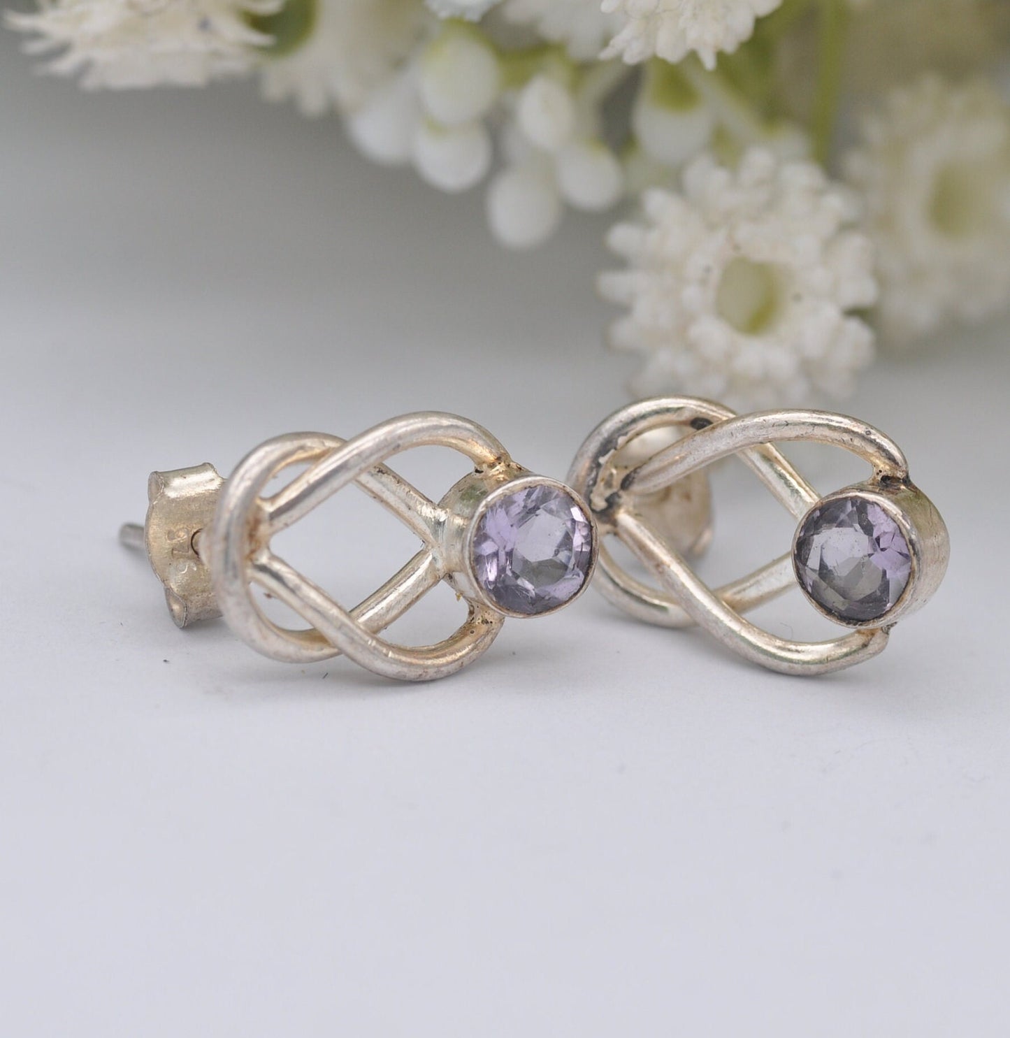 Vintage Sterling Silver Amethyst Celtic Twist Stud Drop Earrings