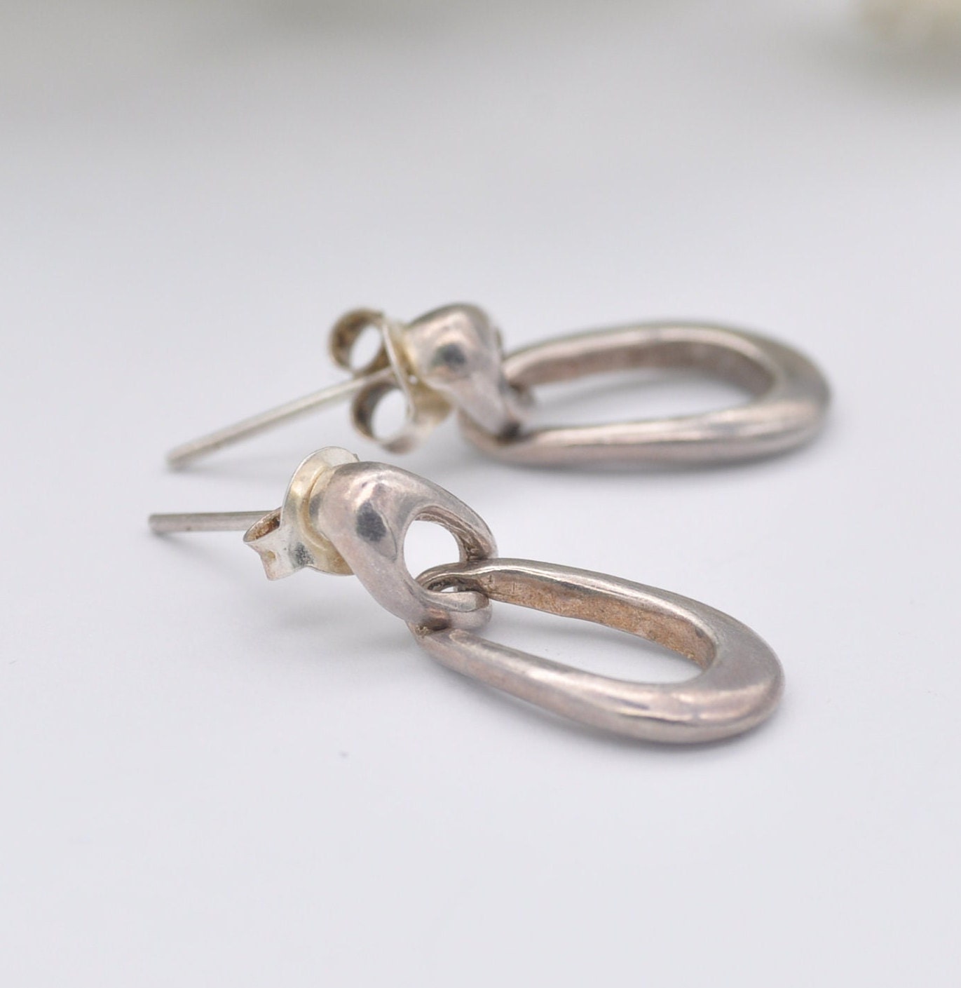 Vintage Sterling Silver Double Hoop Drop Earrings - Minimalist Articulated Style