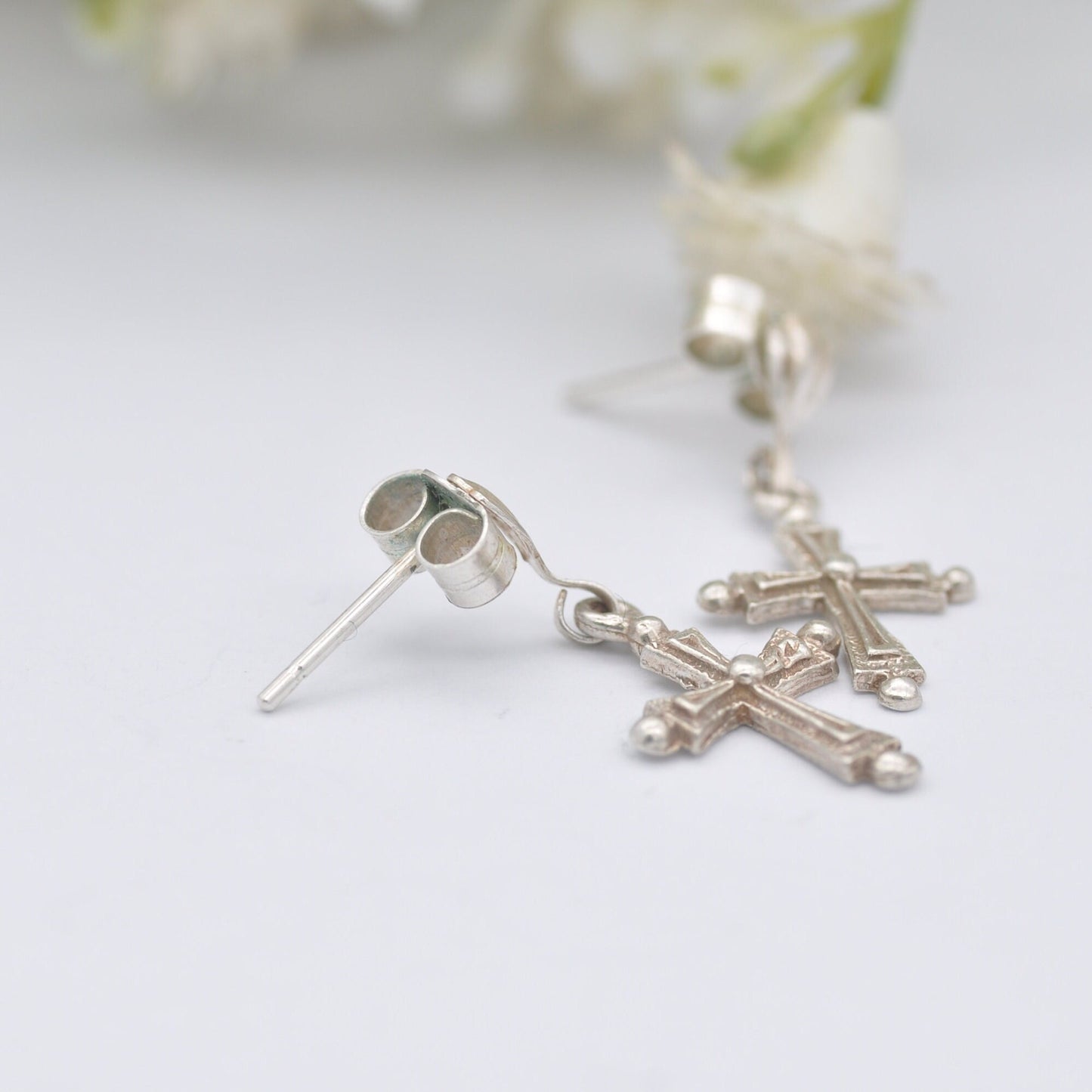 Vintage Sterling Silver Cross Drop Earrings - Christian Cross