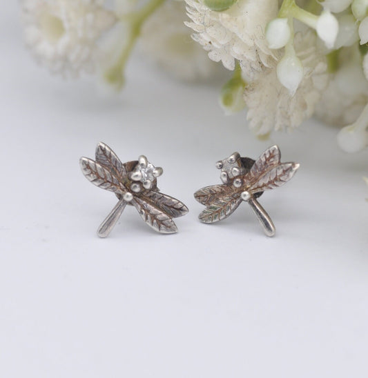 Vintage Sterling Silver Diamond Dragonfly Stud Earrings - Diamond Head Insect