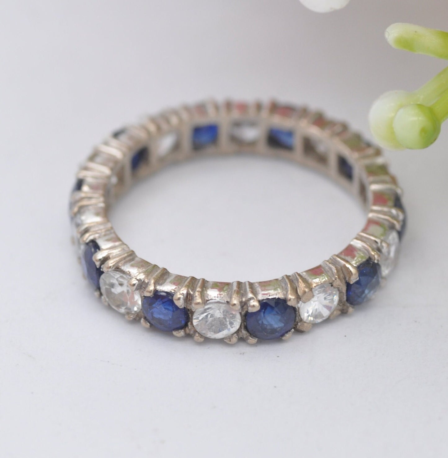 Vintage 18ct White Gold Sapphire and White Stone Eternity Ring - Large Stones | UK Size - P 1/2 | US Size - 7 3/4