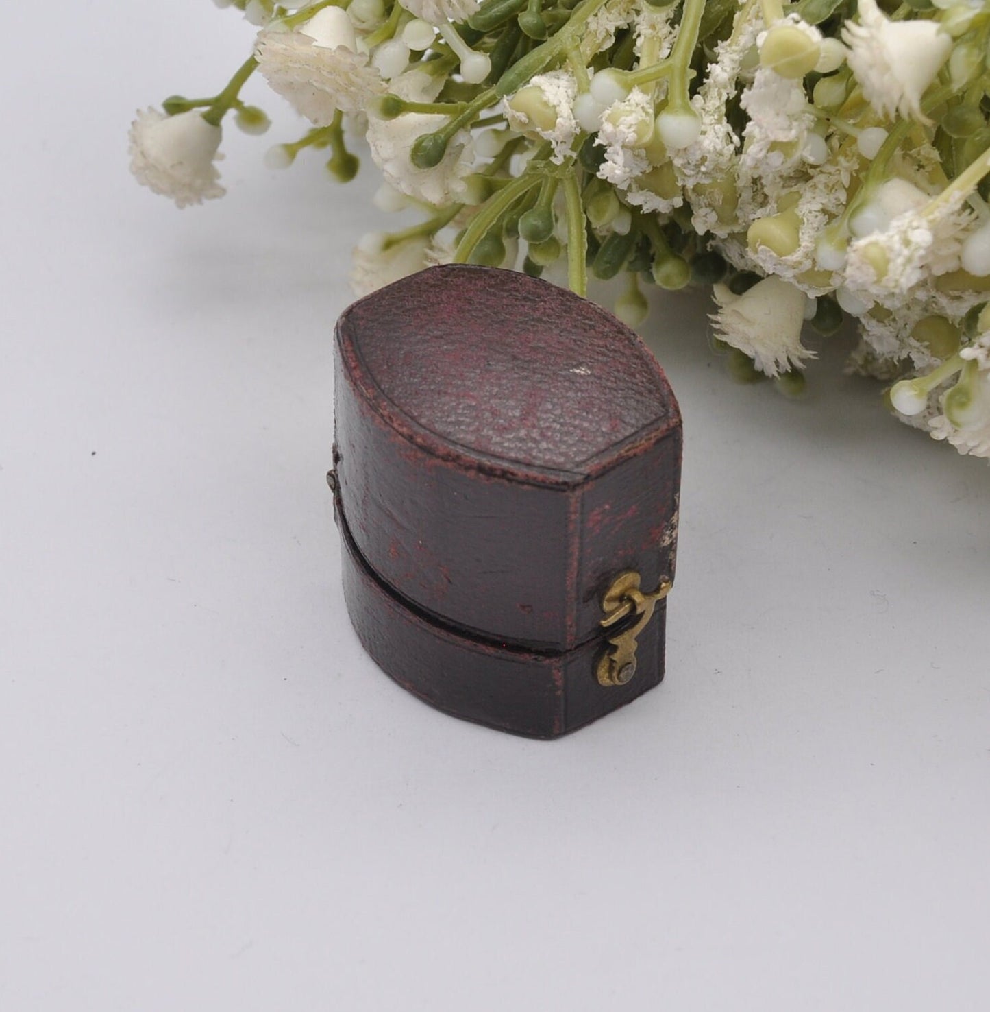 Antique Victorian Burgundy Leather Ring Box with Clasp Front - Squared Oval Shape | Silk and Velvet Lined