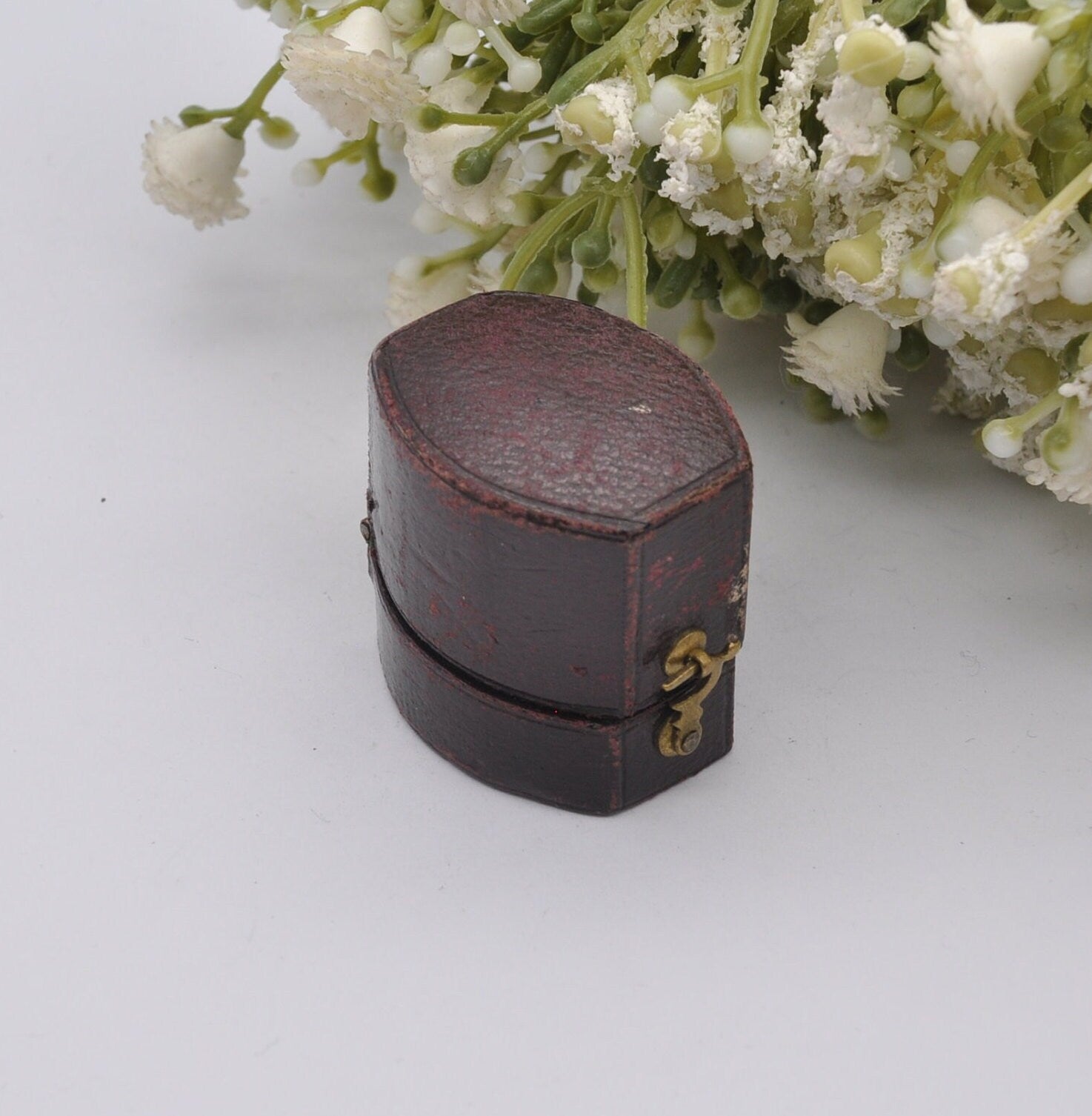 Antique Victorian Burgundy Leather Ring Box with Clasp Front - Squared Oval Shape | Silk and Velvet Lined