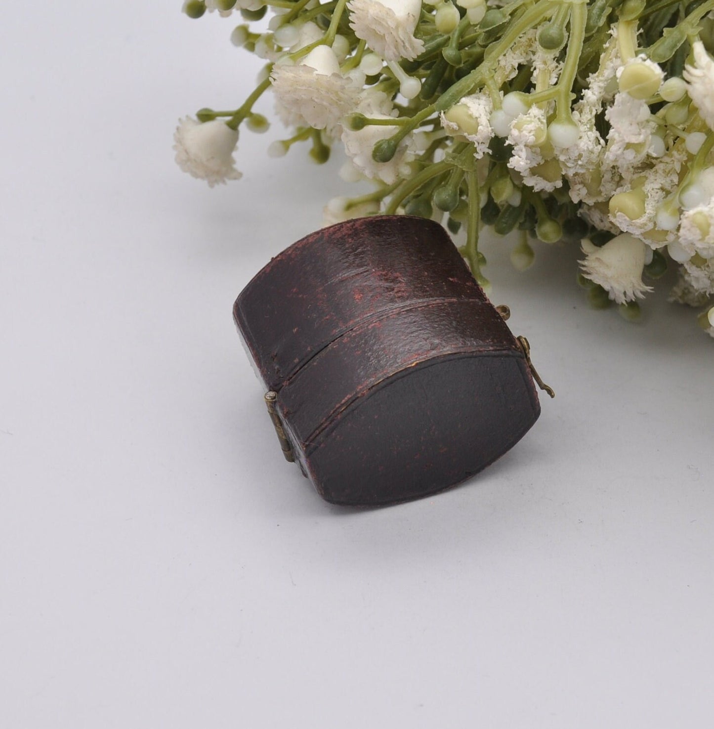 Antique Victorian Burgundy Leather Ring Box with Clasp Front - Squared Oval Shape | Silk and Velvet Lined