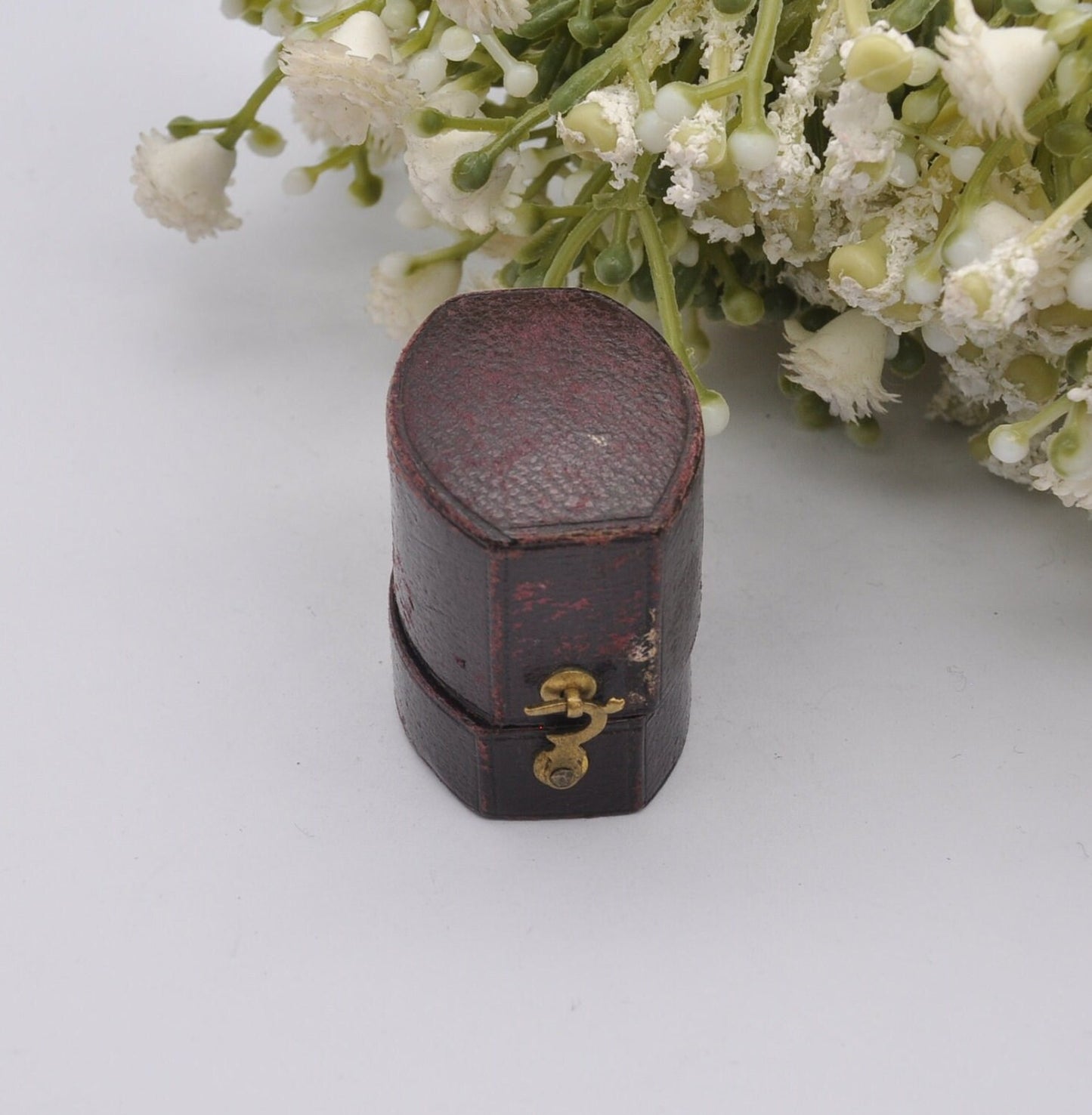 Antique Victorian Burgundy Leather Ring Box with Clasp Front - Squared Oval Shape | Silk and Velvet Lined