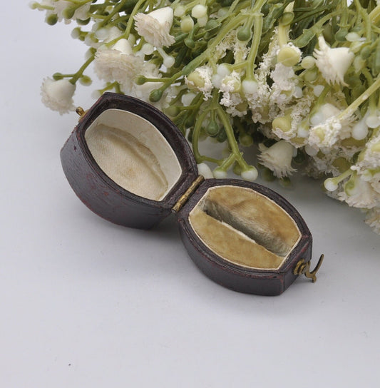 Antique Victorian Burgundy Leather Ring Box with Clasp Front - Squared Oval Shape | Silk and Velvet Lined