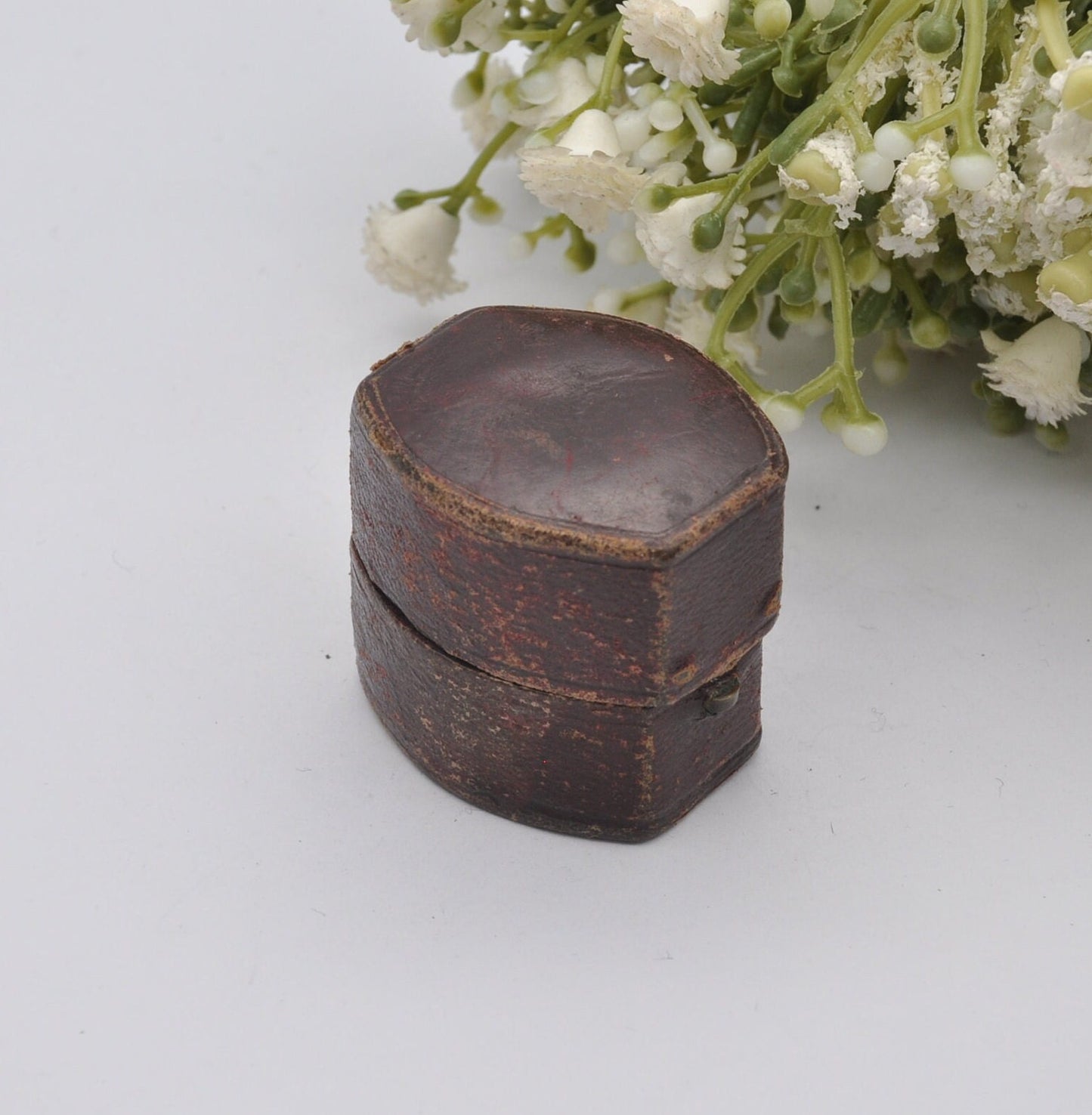 Antique Burgundy Leather Ring Box with Button Front - Squared Oval | John J Perry Nottingham | Silk and Velvet Lined