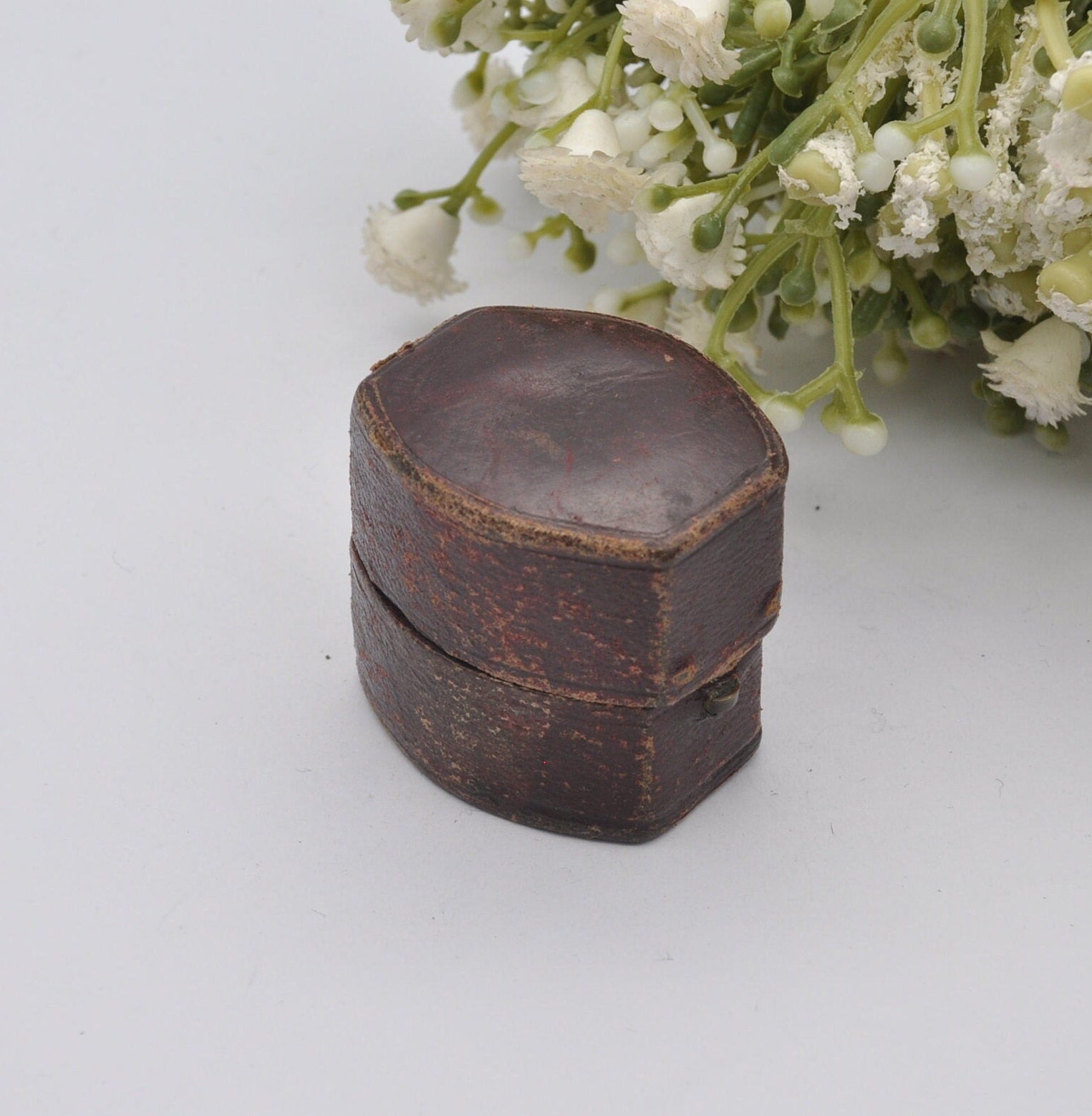 Antique Burgundy Leather Ring Box with Button Front - Squared Oval | John J Perry Nottingham | Silk and Velvet Lined