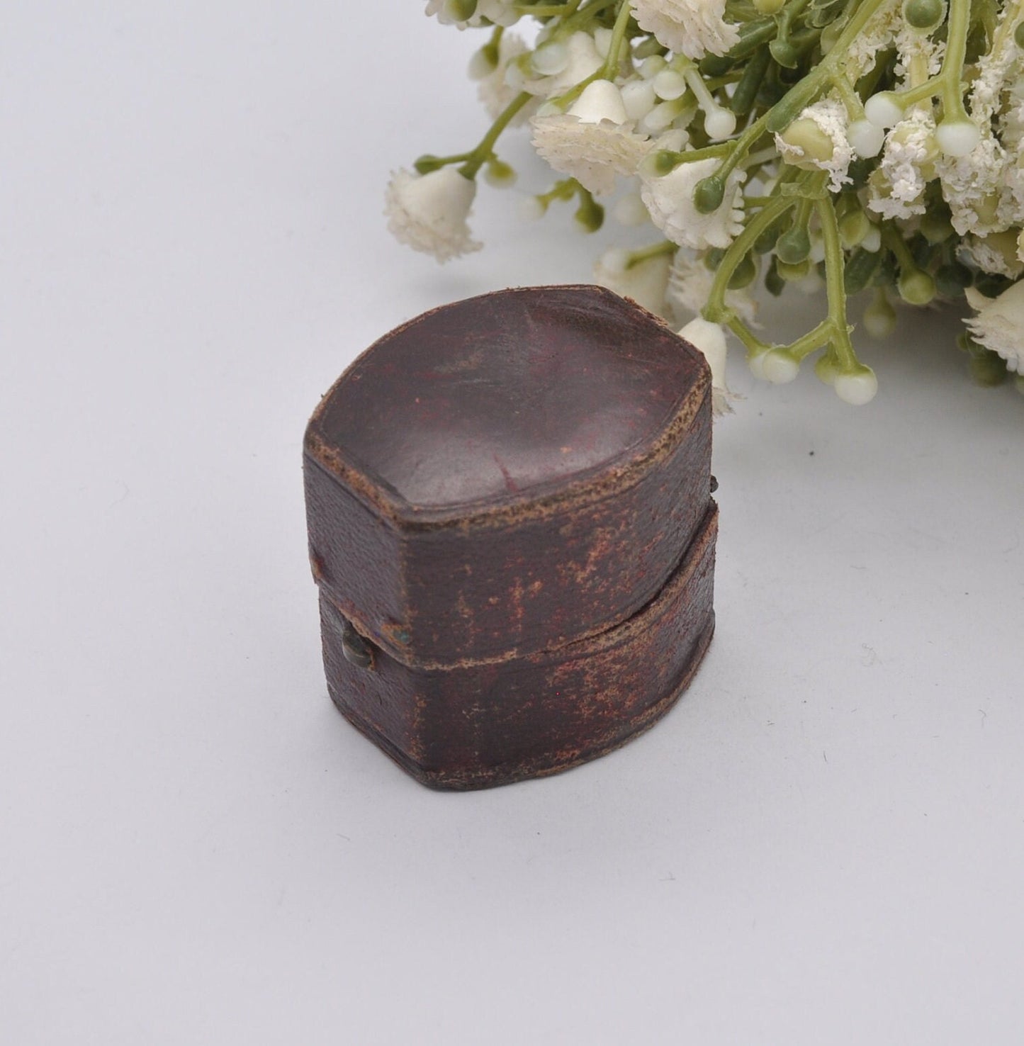Antique Burgundy Leather Ring Box with Button Front - Squared Oval | John J Perry Nottingham | Silk and Velvet Lined