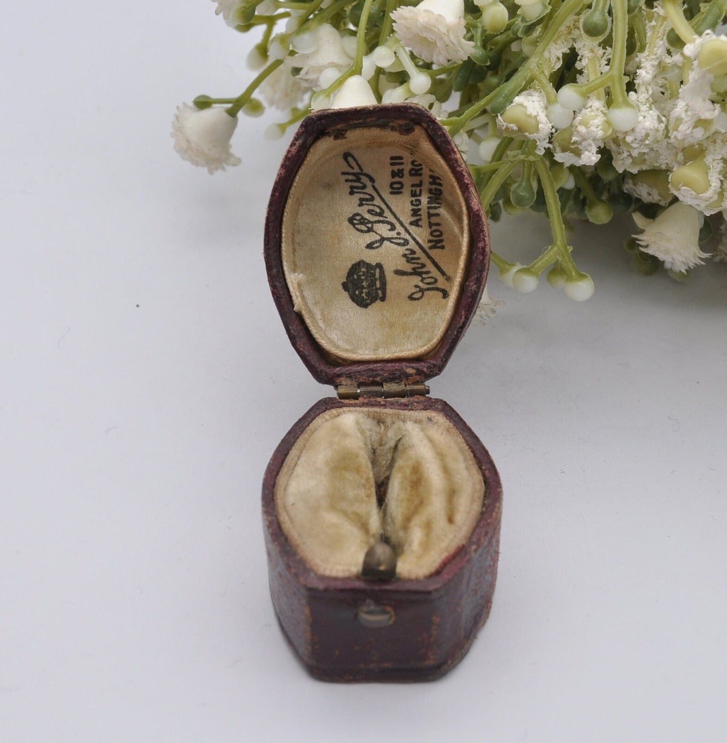 Antique Burgundy Leather Ring Box with Button Front - Squared Oval | John J Perry Nottingham | Silk and Velvet Lined