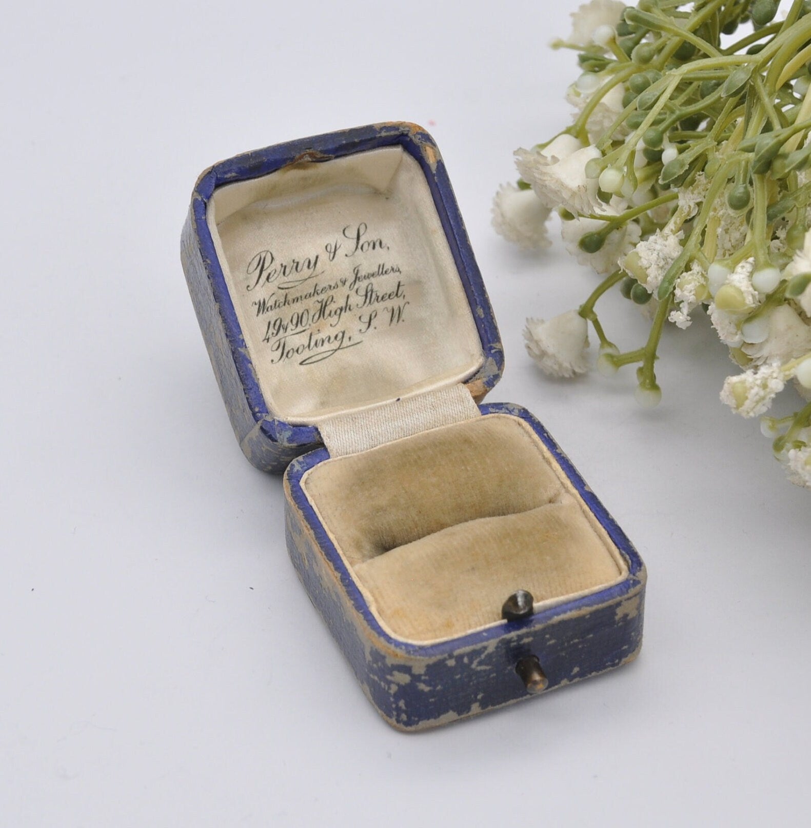 Antique Blue Ring Box - Perry & Son Watchmakers Jewellers | High Street Tooting | Silk and Velvet Lined