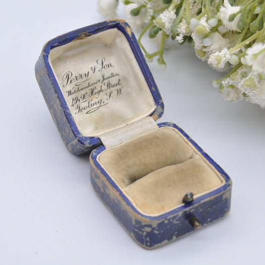 Antique Blue Ring Box - Perry & Son Watchmakers Jewellers | High Street Tooting | Silk and Velvet Lined
