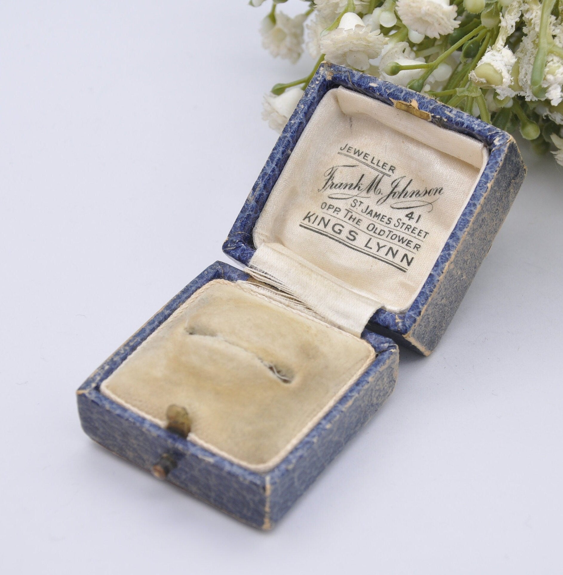 Vintage Leatherette Blue Ring Box - Frank M Johnson Jeweller Kings Lynn | Silk and Velvet Lined