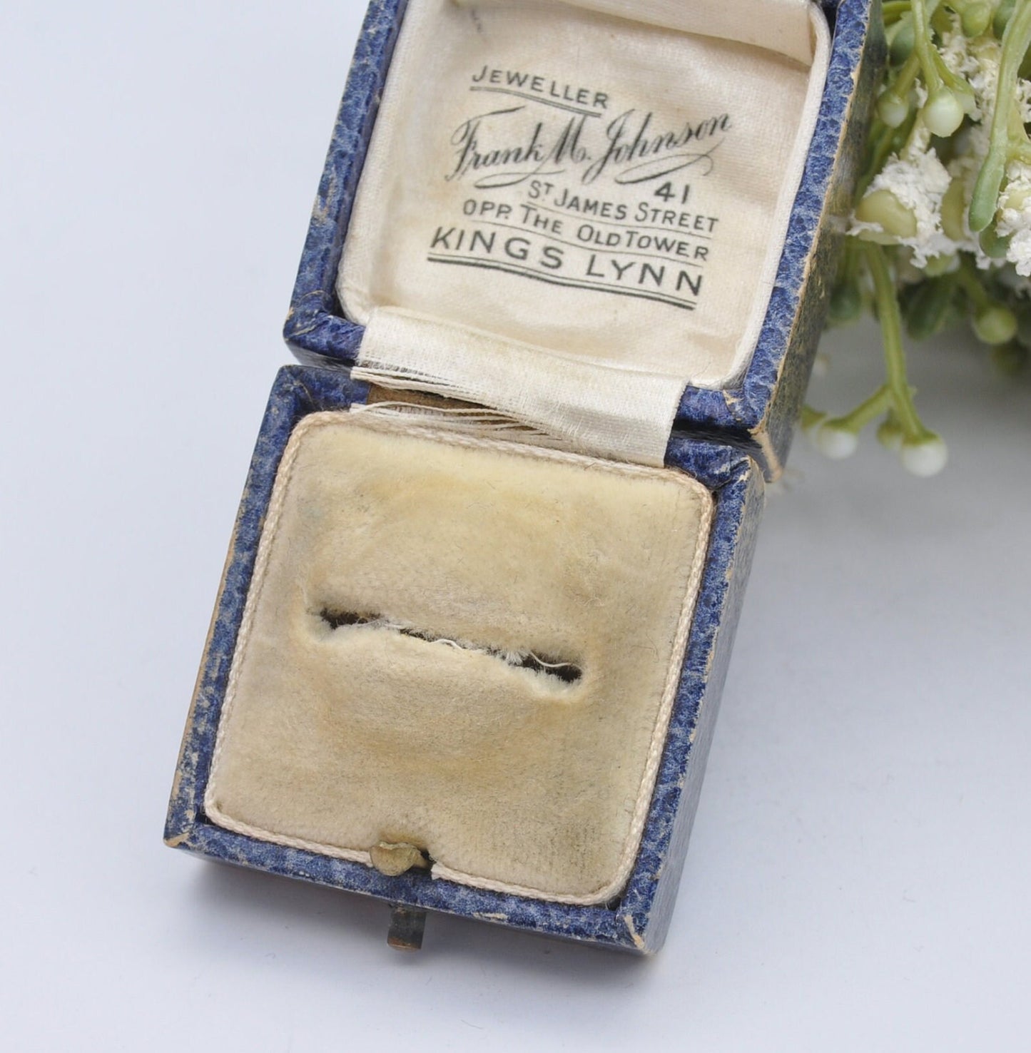 Vintage Leatherette Blue Ring Box - Frank M Johnson Jeweller Kings Lynn | Silk and Velvet Lined