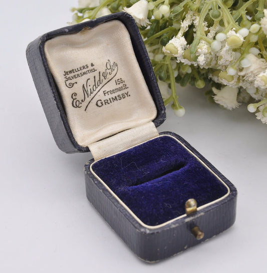 Vintage Blue Leather Ring Box - E Nidd & Son Grimsby Jewellers | Silk and Velvet Lined