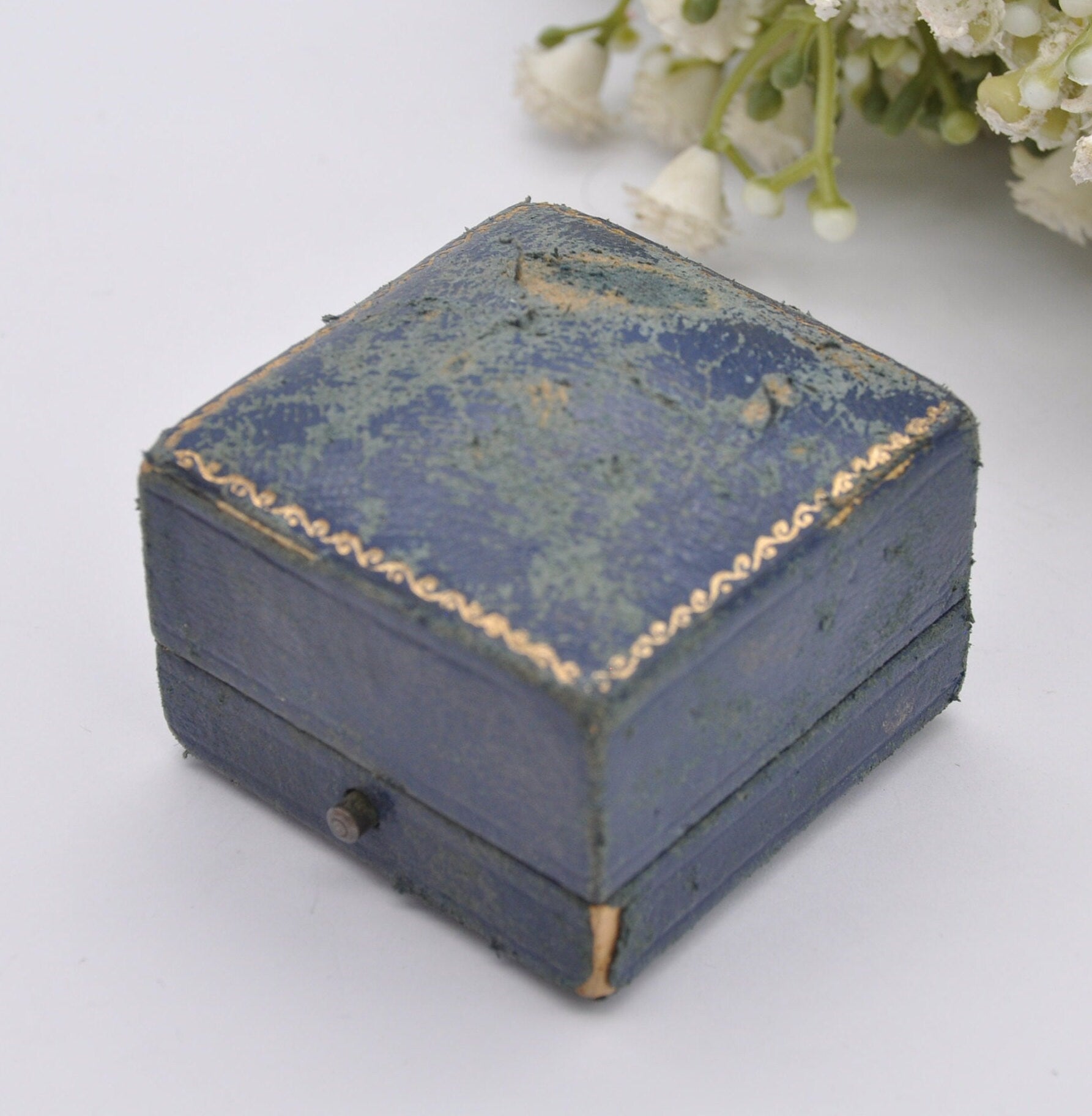 Vintage Blue Leather Ring Box with Gold Tooling - John D. Eaton Jewellers Derby | Silk and Velvet Lined