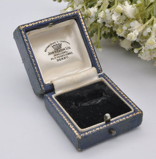 Vintage Blue Leather Ring Box with Gold Tooling - John D. Eaton Jewellers Derby | Silk and Velvet Lined