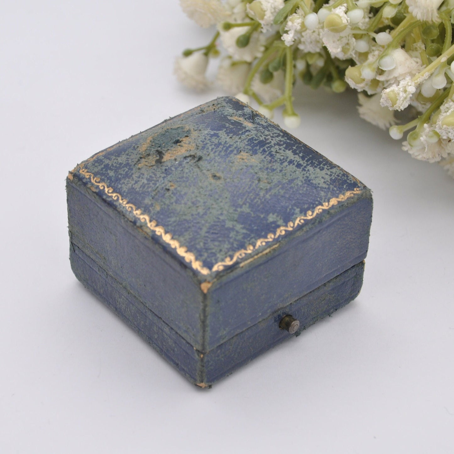 Vintage Blue Leather Ring Box with Gold Tooling - John D. Eaton Jewellers Derby | Silk and Velvet Lined