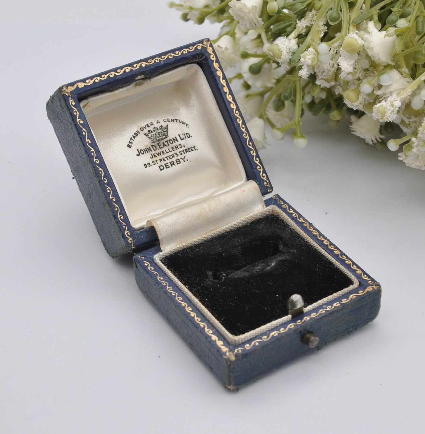 Vintage Blue Leather Ring Box with Gold Tooling - John D. Eaton Jewellers Derby | Silk and Velvet Lined