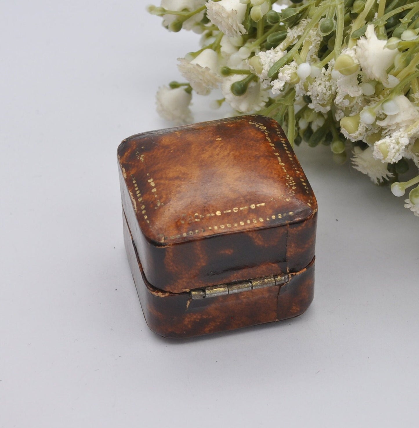 Antique Ring Box with Gold Tooling - W. Wright Jewellers | Faux Tortoise Shell Effect | Silk and Velvet Lined