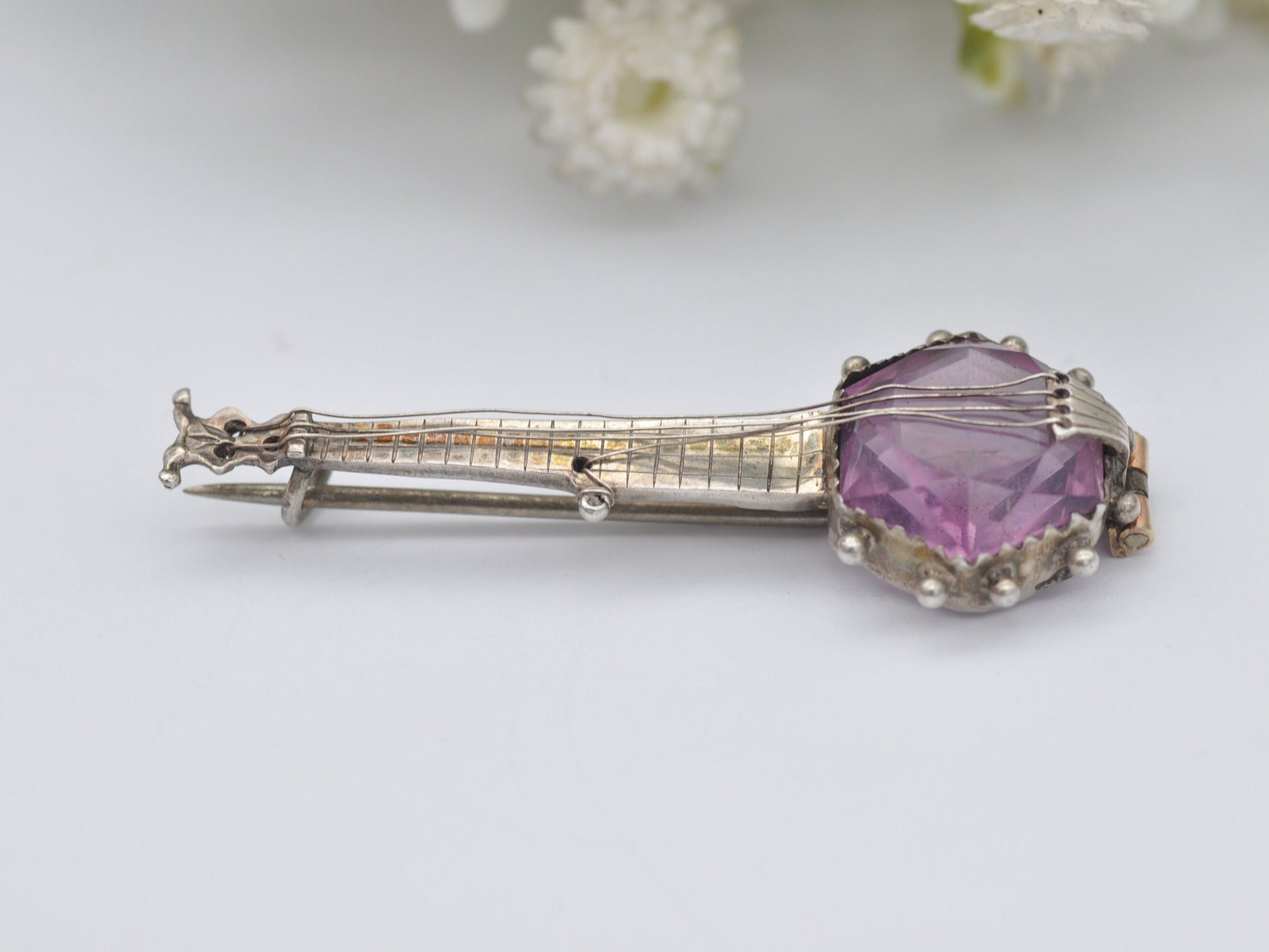 Antique Sterling Silver Banjo Brooch with Purple Paste Body - Victorian Novelty Musical Instrument Jewellery