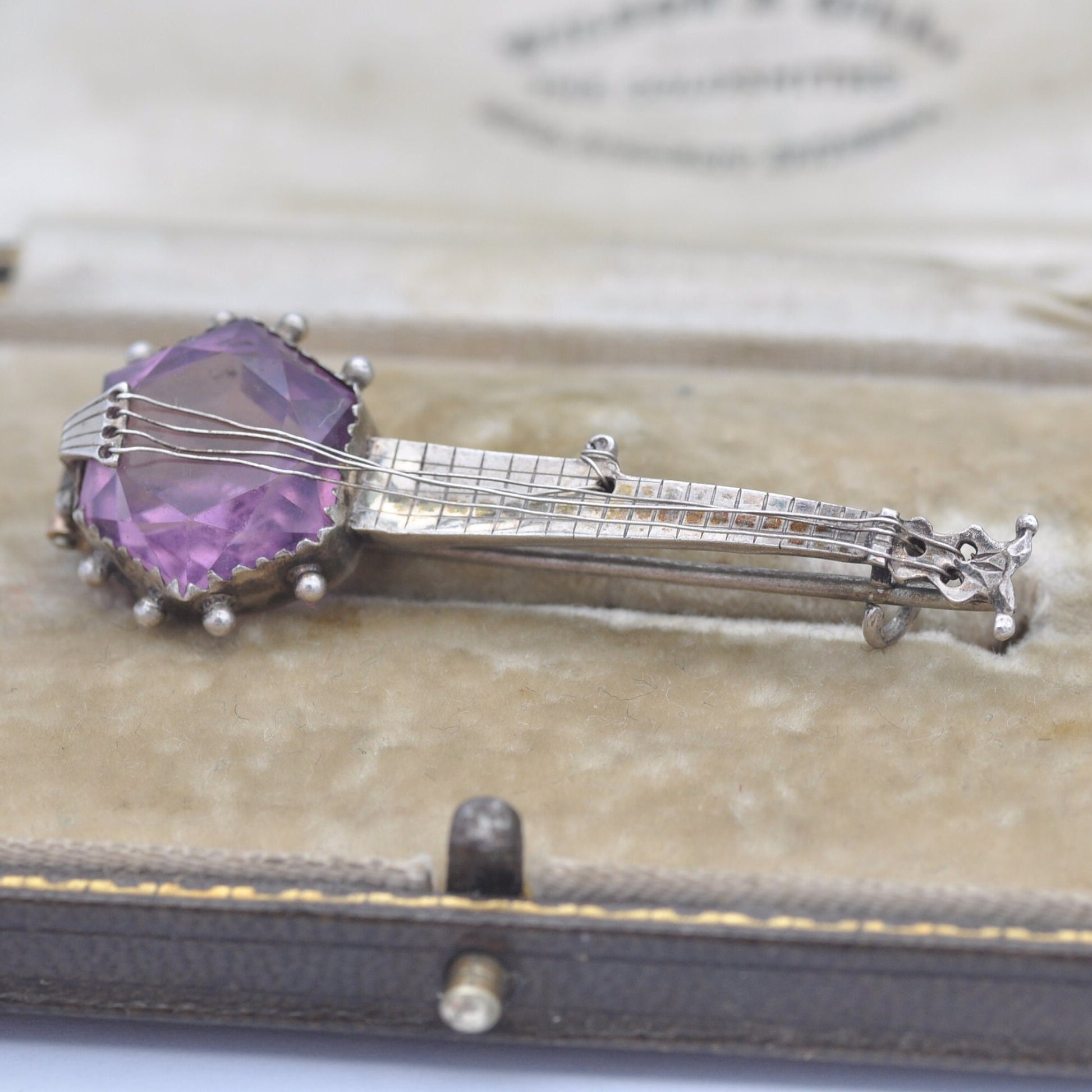 Antique Sterling Silver Banjo Brooch with Purple Paste Body - Victorian Novelty Musical Instrument Jewellery