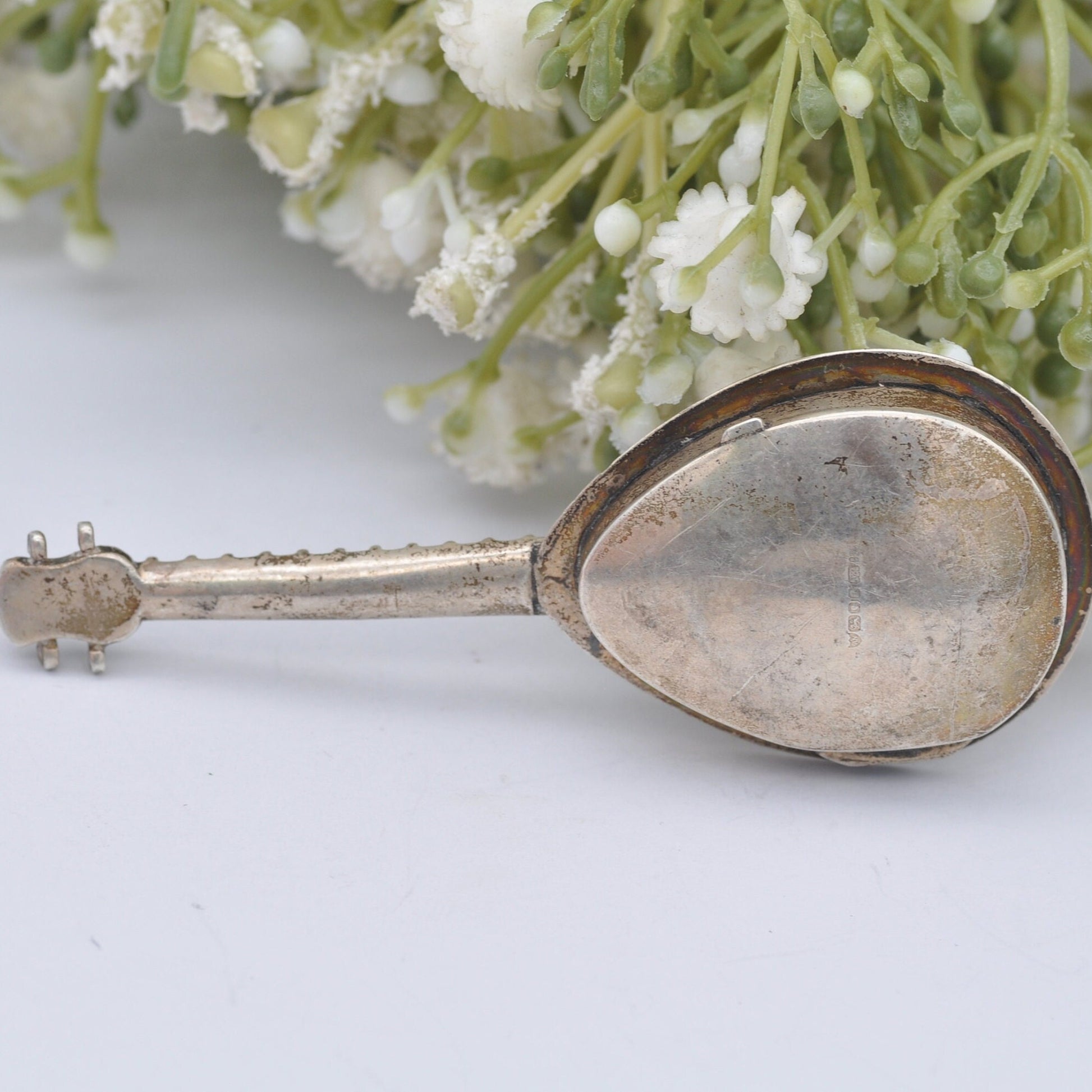 Vintage Sterling Silver Mandolin Trinket Box with Strings - Hand Engraved | Novelty Musical Instrument Collectable