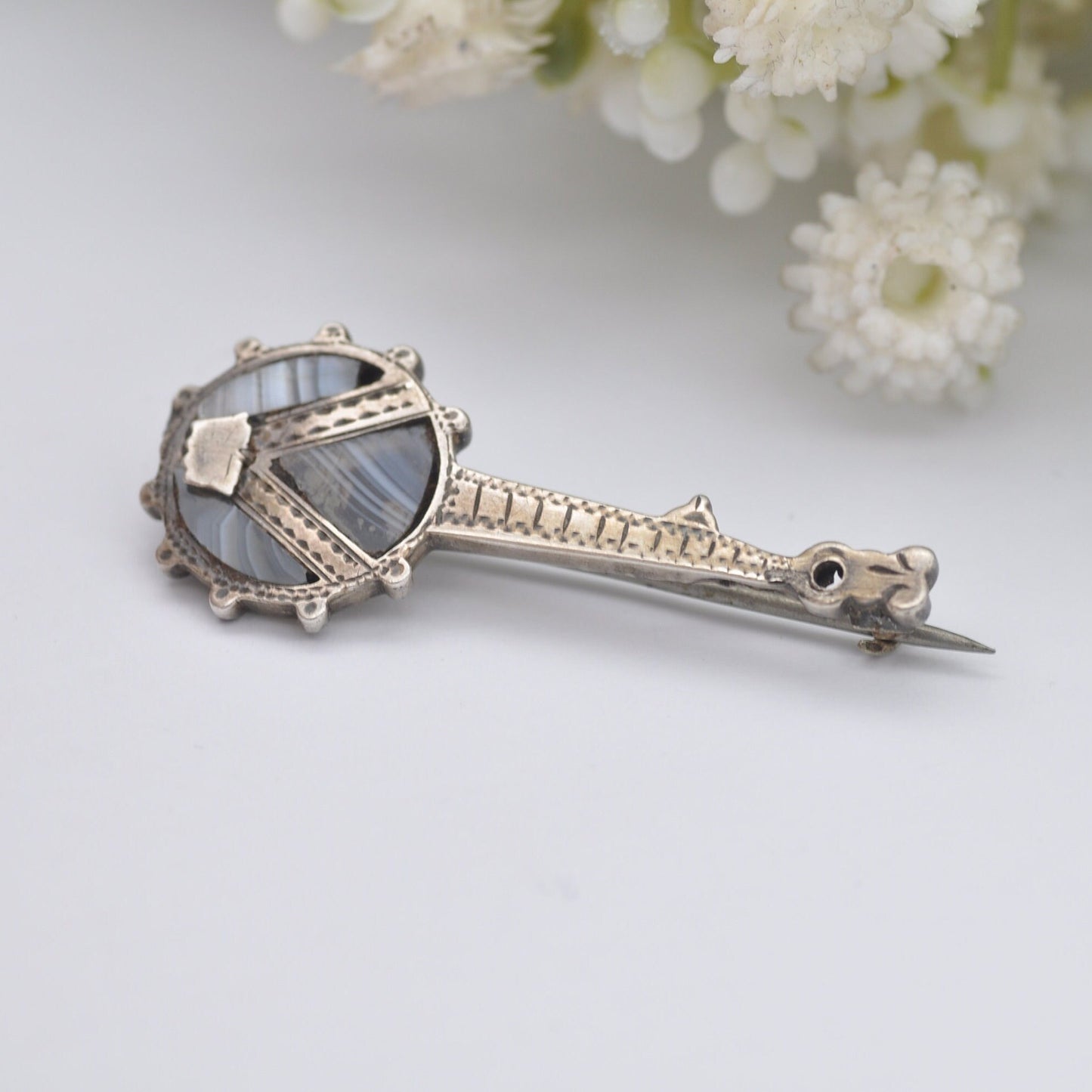 Antique Sterling Silver Agate Banjo Brooch by Adie & Lovekin 1897 - Blue Lace Agate | Novelty Victorian Musical Instrument Jewellery