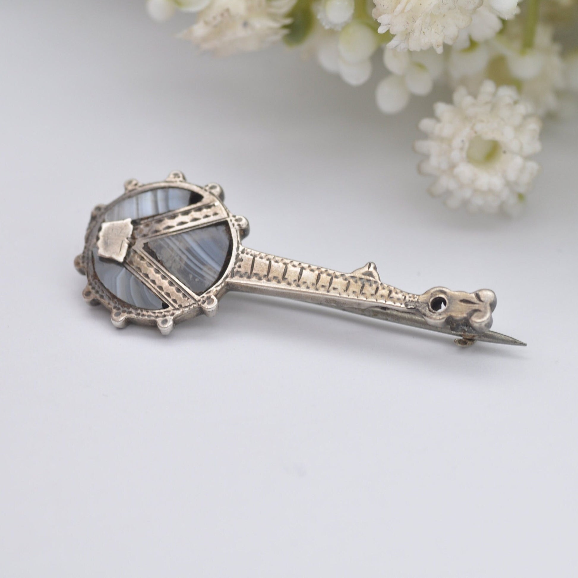 Antique Sterling Silver Agate Banjo Brooch by Adie & Lovekin 1897 - Blue Lace Agate | Novelty Victorian Musical Instrument Jewellery