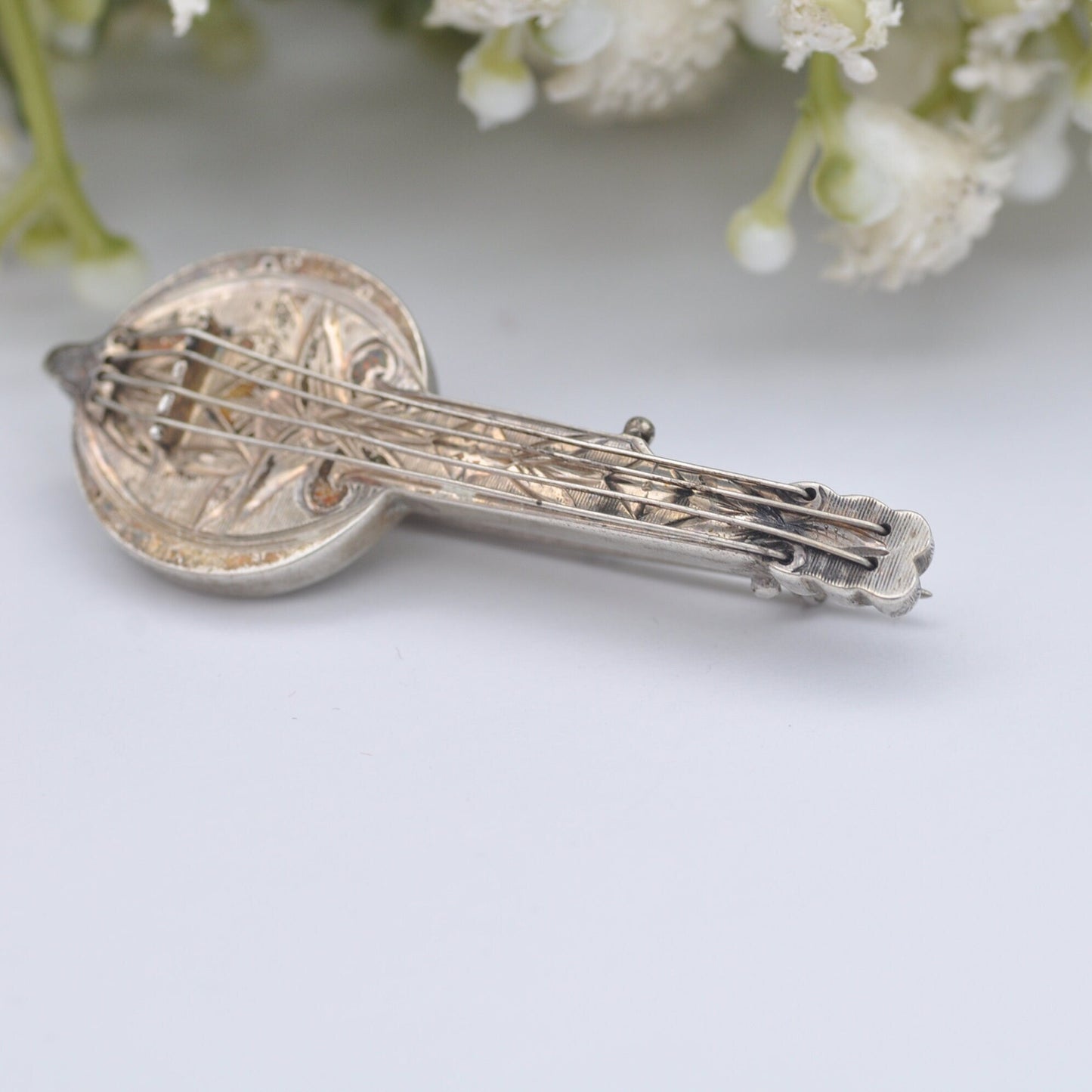 Antique Victorian Sterling Silver Banjo Brooch with Strings - Victorian Novelty Instrument Jewellery | Aesthetic Movement