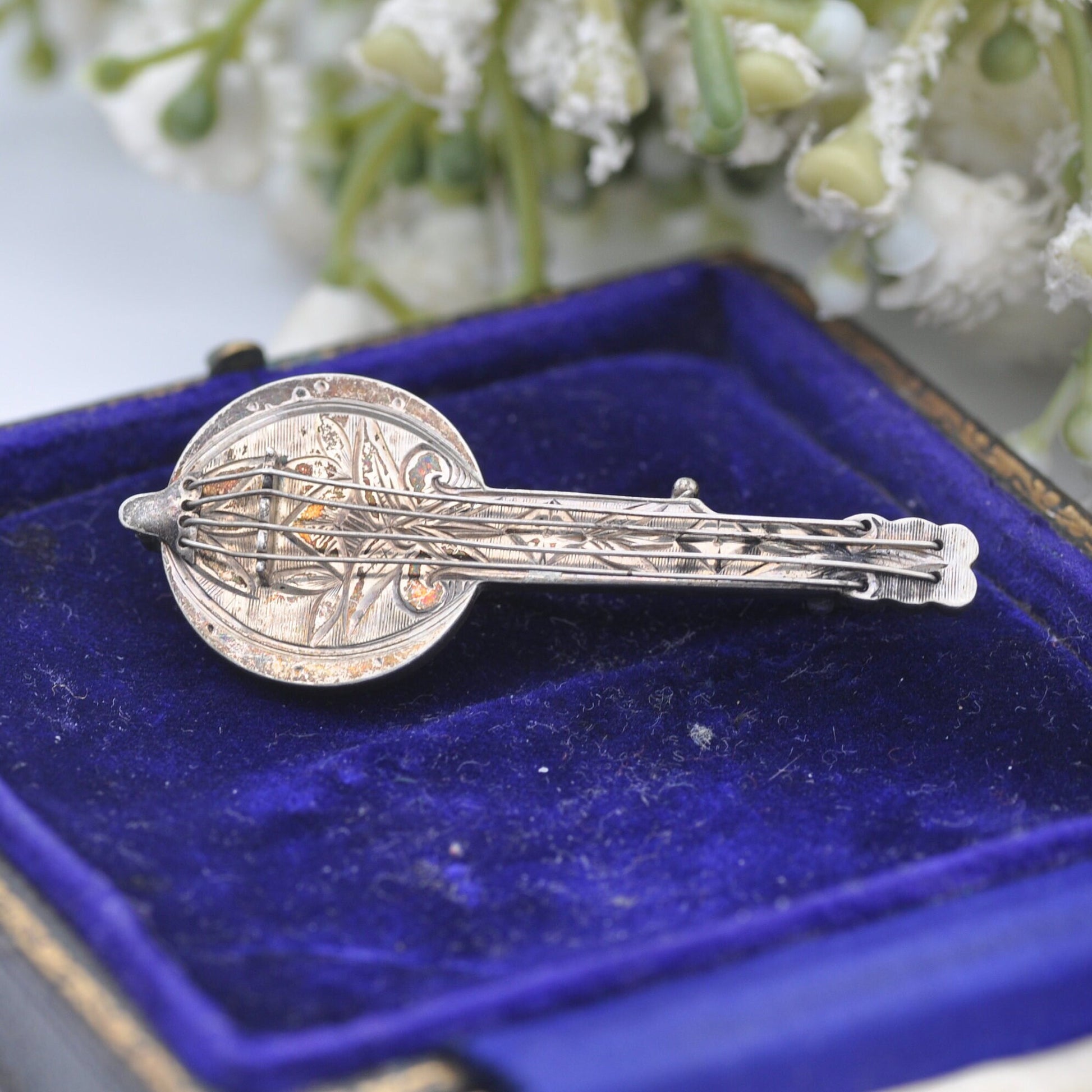 Antique Victorian Sterling Silver Banjo Brooch with Strings - Victorian Novelty Instrument Jewellery | Aesthetic Movement