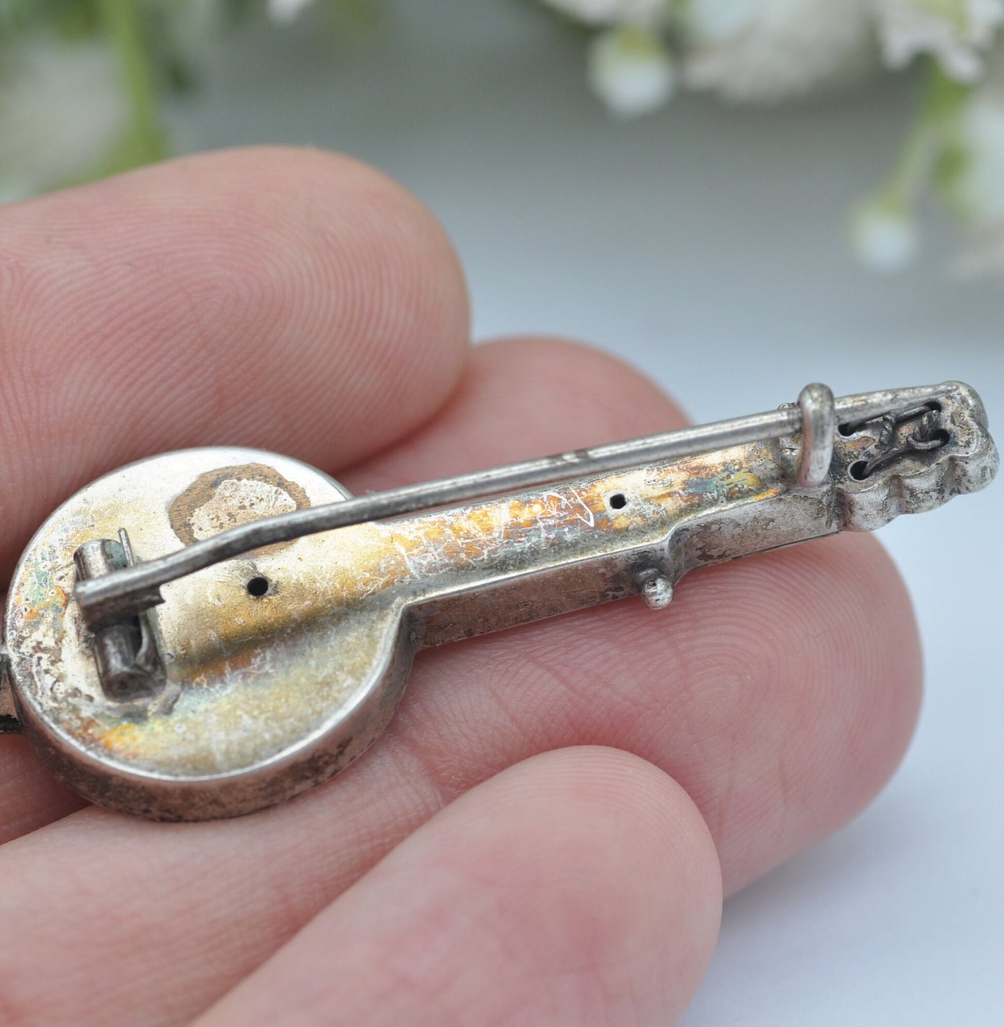 Antique Victorian Sterling Silver Banjo Brooch with Strings - Victorian Novelty Instrument Jewellery | Aesthetic Movement