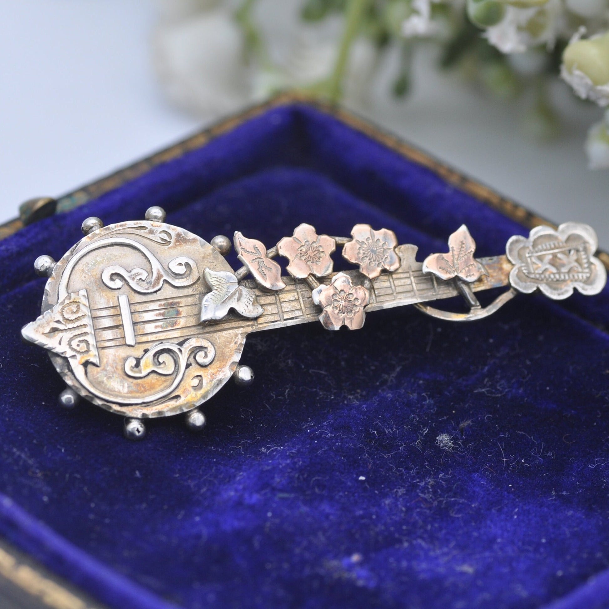 Antique Sterling Silver Banjo Brooch 1897 with Vine Leaves - Novelty Victorian Musical Instrument Jewellery | Aesthetic Movement